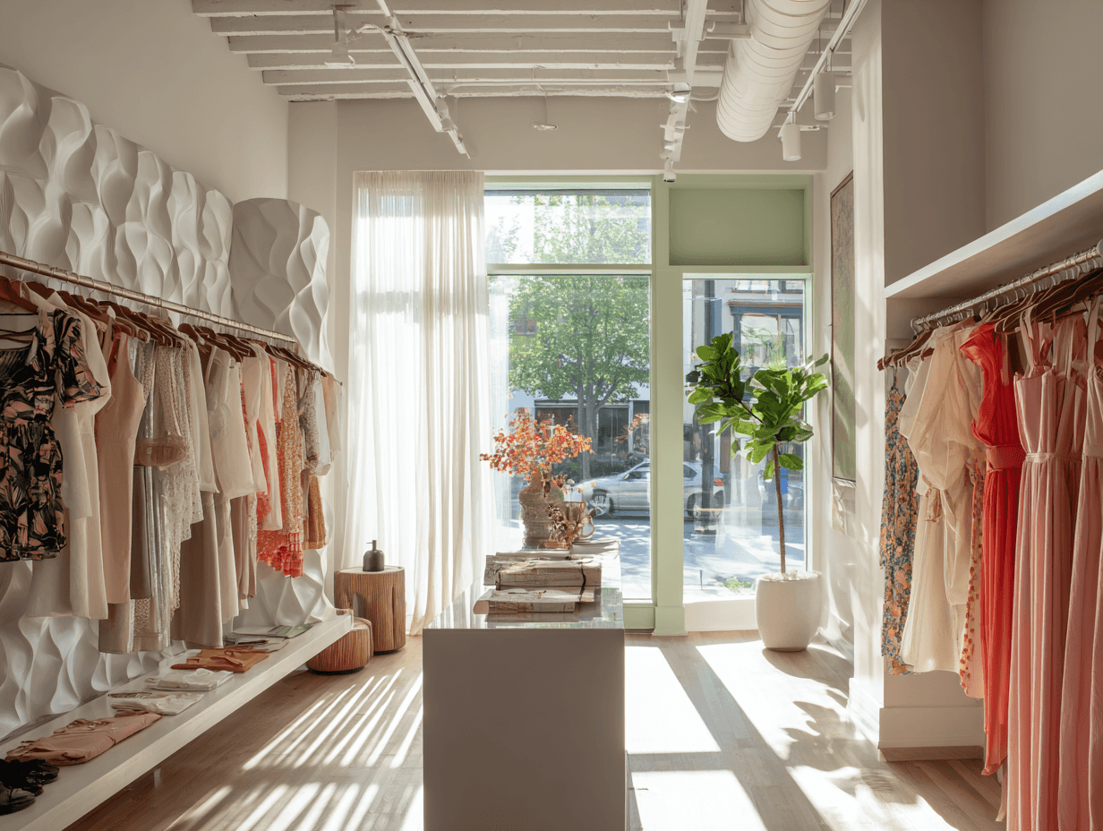 Fashion retail interior with dresses on racks and soft natural light from large windows.