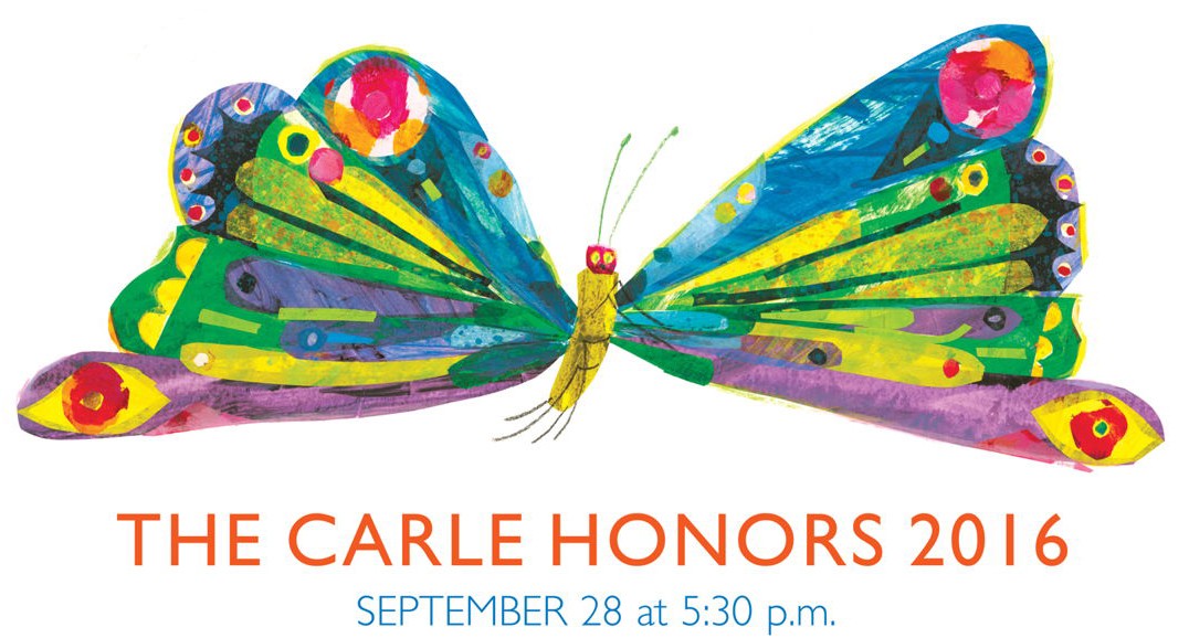 A poster with a colorful butterfly in the middle. The title of the poster: The Carle Honors 2016.