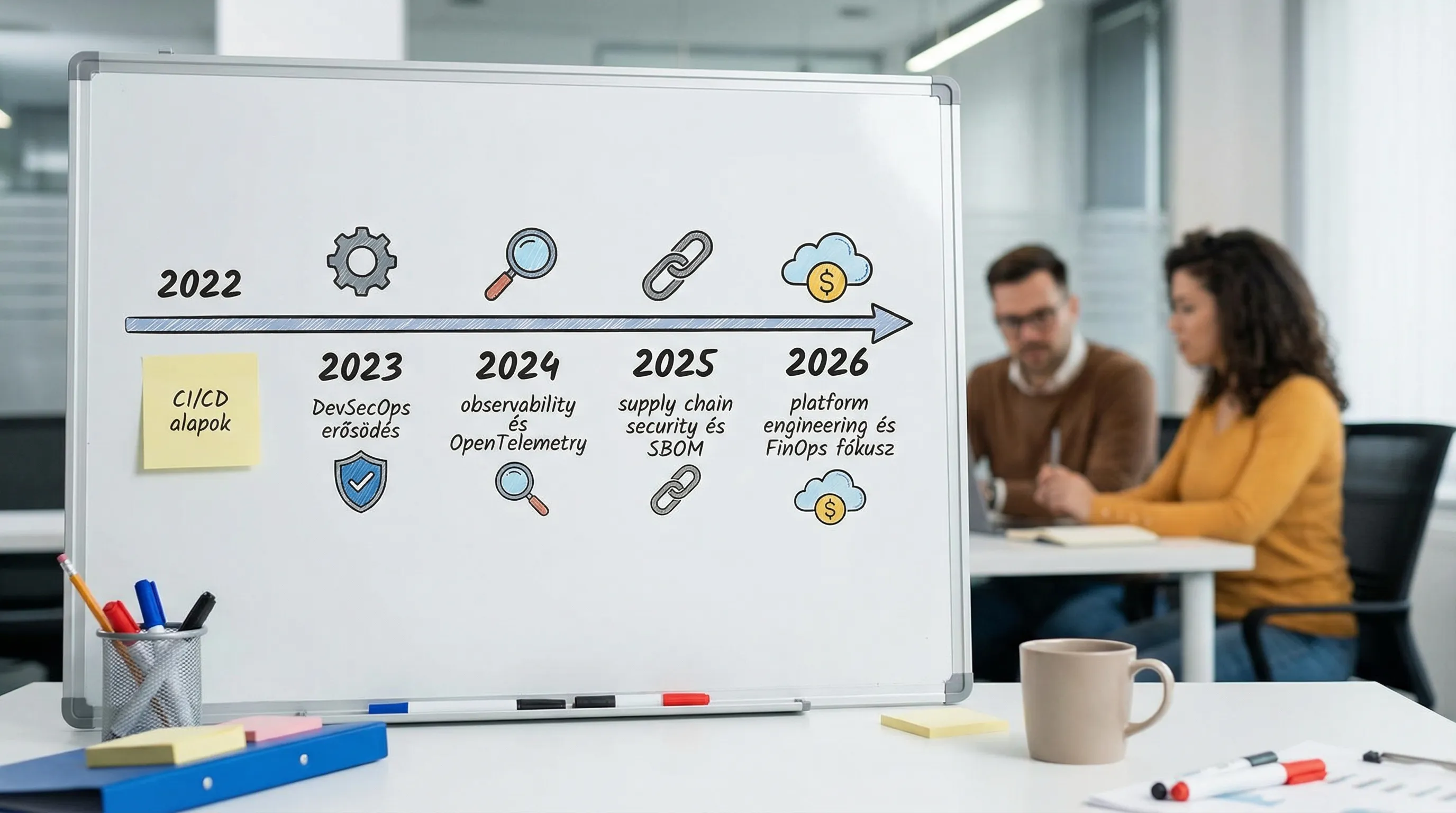 Idővonal jellegű illusztráció 2022-2026 között: 2022 CI/CD alapok, 2023 DevSecOps erősödés, 2024 observability és OpenTelemetry, 2025 supply chain security és SBOM, 2026 platform engineering és FinOps fókusz.