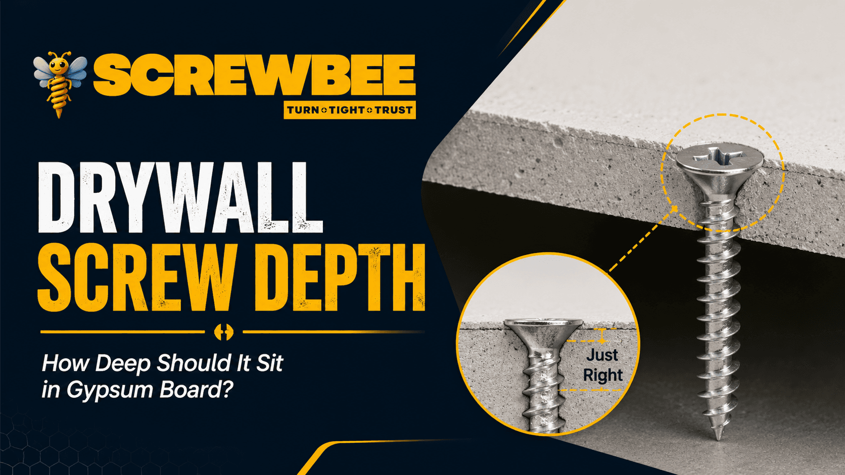 Zinc drywall screw installed at the correct depth in gypsum board by Screwbee