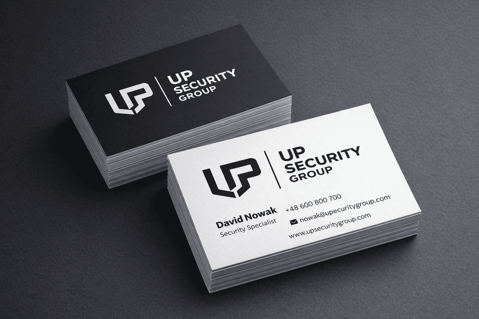 Wizytówki UP Security Group, projekt logo i systemu identyfikacji wizualnej