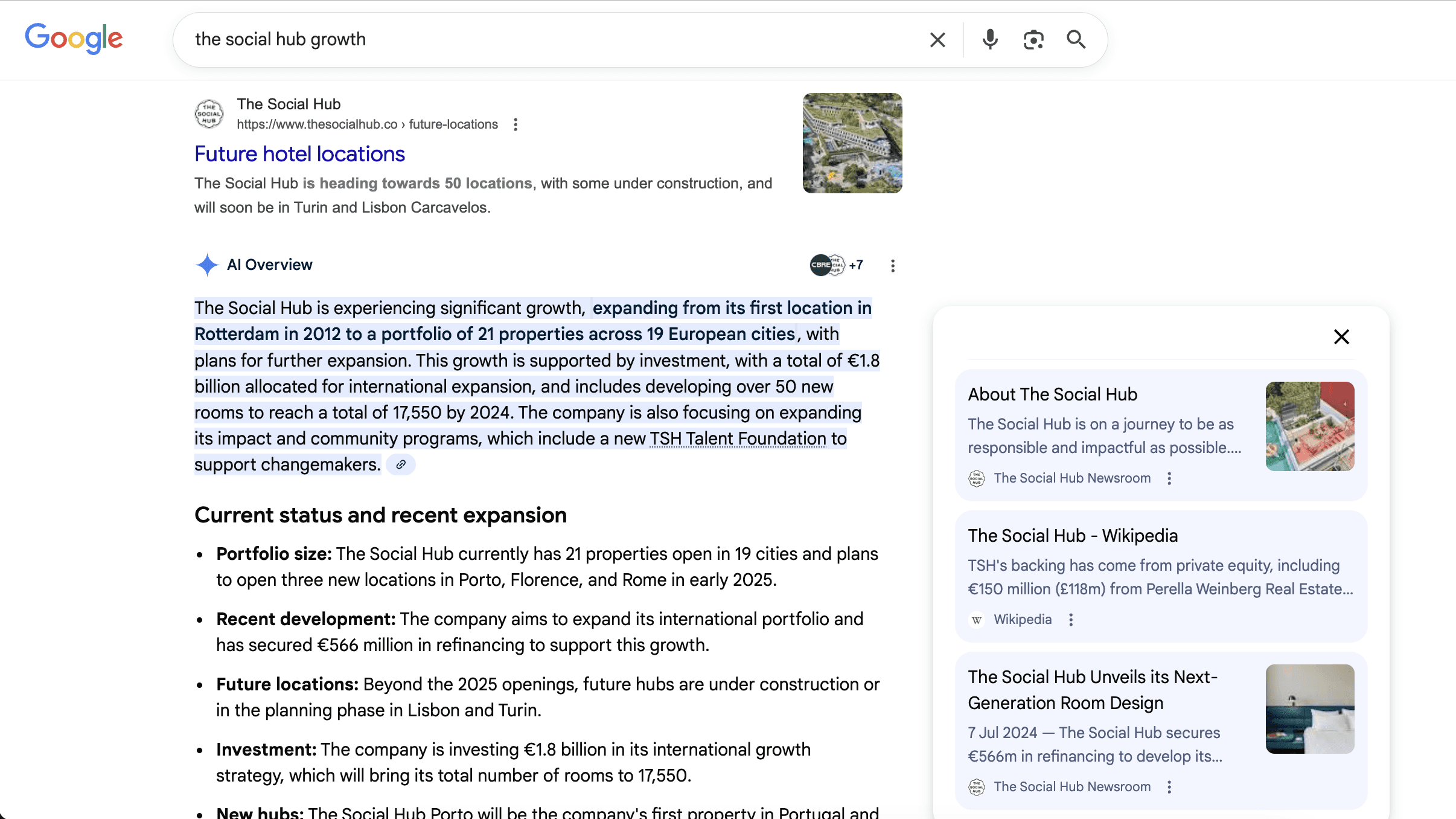 Google search showcasing The Social Hub's AI Overview results