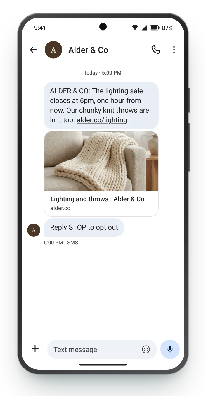The last 60 minutes flash sale text on an Android phone