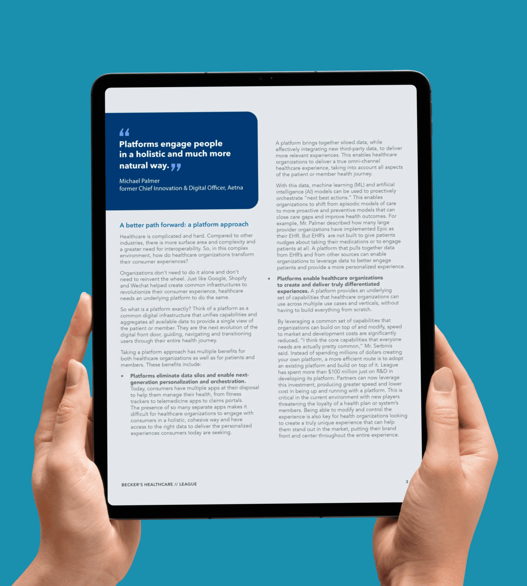 Becker's Healthcare and League platform-approach article with an Aetna leader pull quote on a tablet