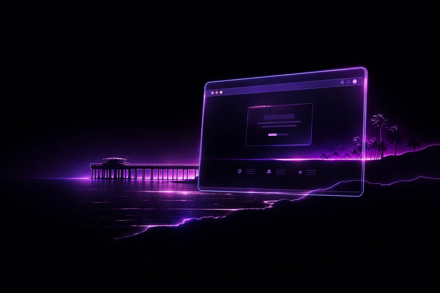 a modern graphic showing a purple web page in front of a glowing abstract pier and beach