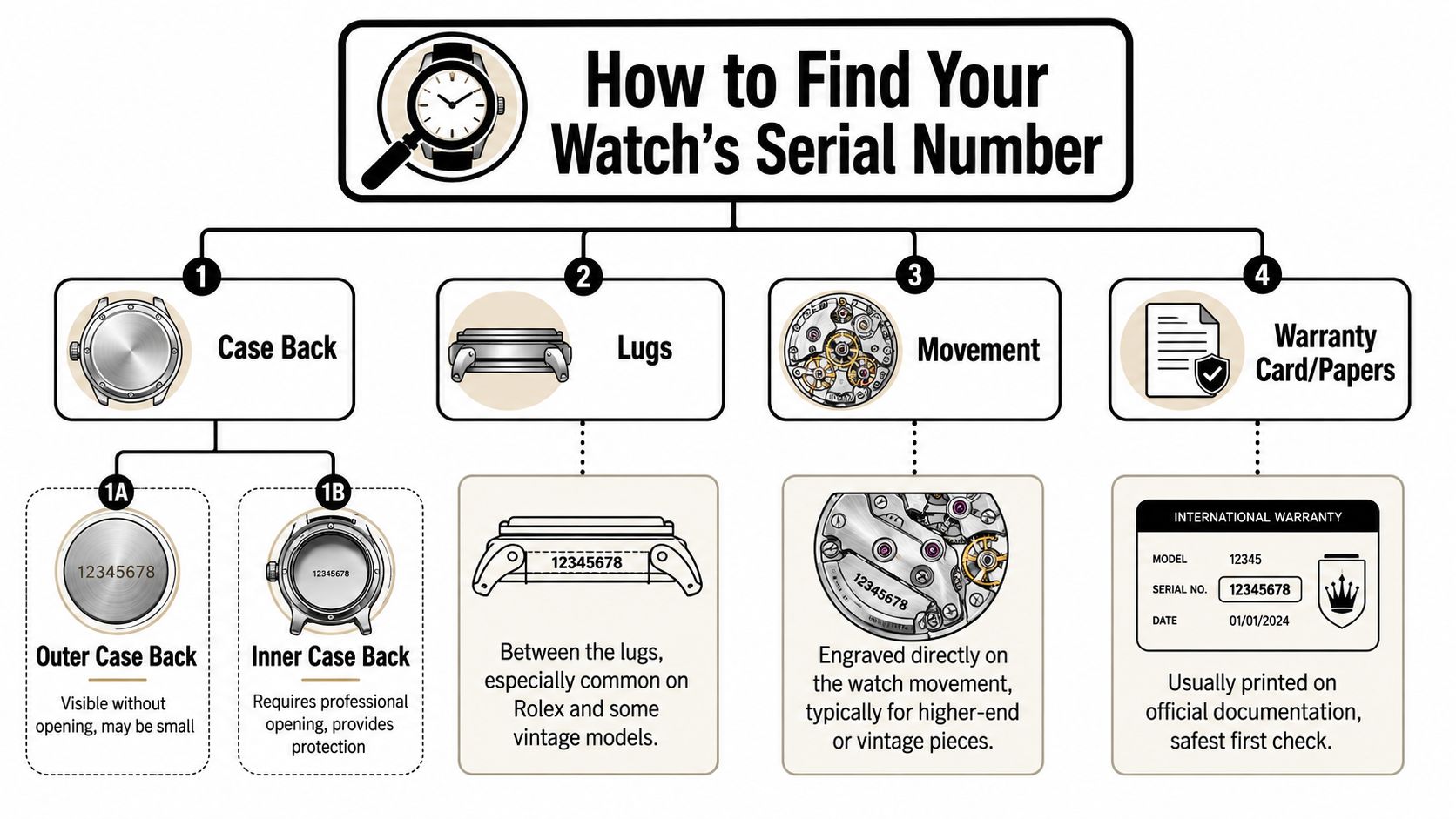 An infographic showing four common locations to find a watch's serial number for identification.