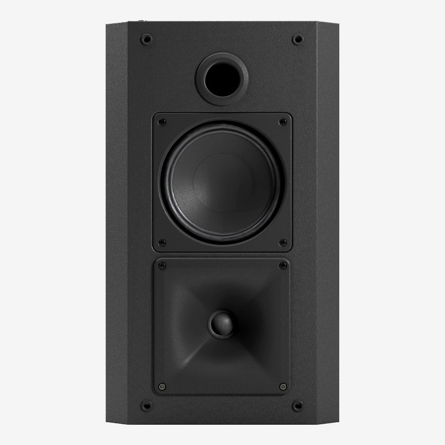 Black two-way speaker with a tweeter and woofer.