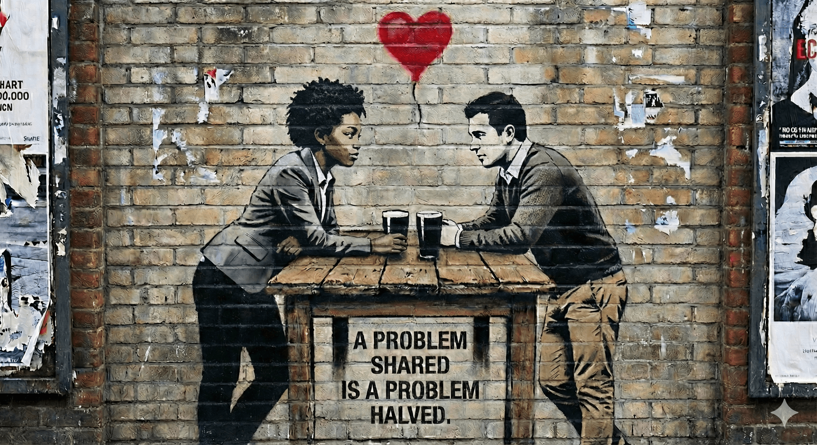 grafitti of two people facing each other with a loveheart balloon between them