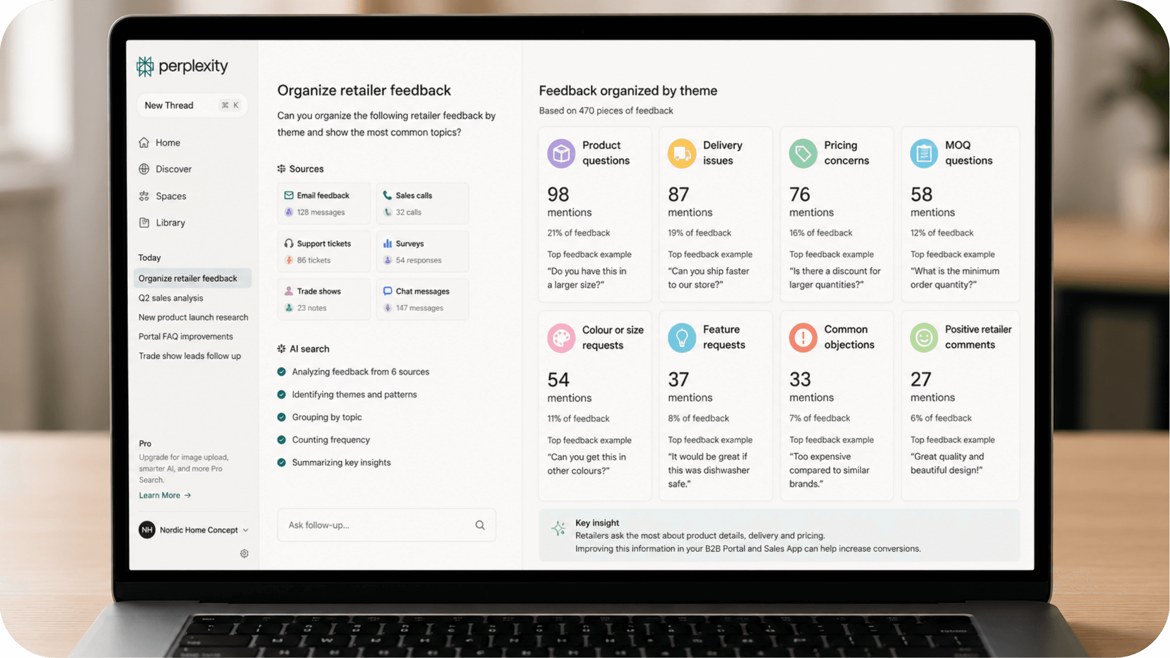 Perplexity AI organizing retailer feedback from emails, sales calls, support tickets, surveys, trade shows and chat messages into clear themes and insights