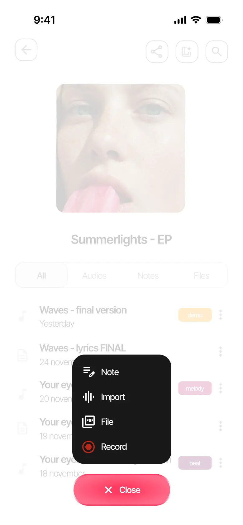 Add content to Zoundroom instantly: write a note, import audio or PDFs, and record live.