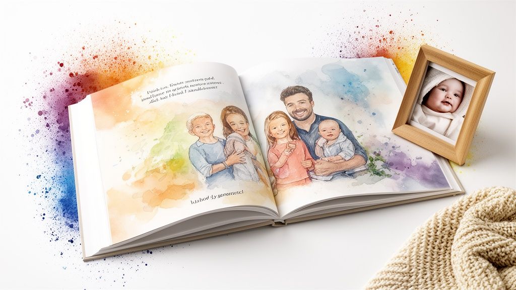Watercolor family portrait in an open book with a framed baby photo and colorful splashes.