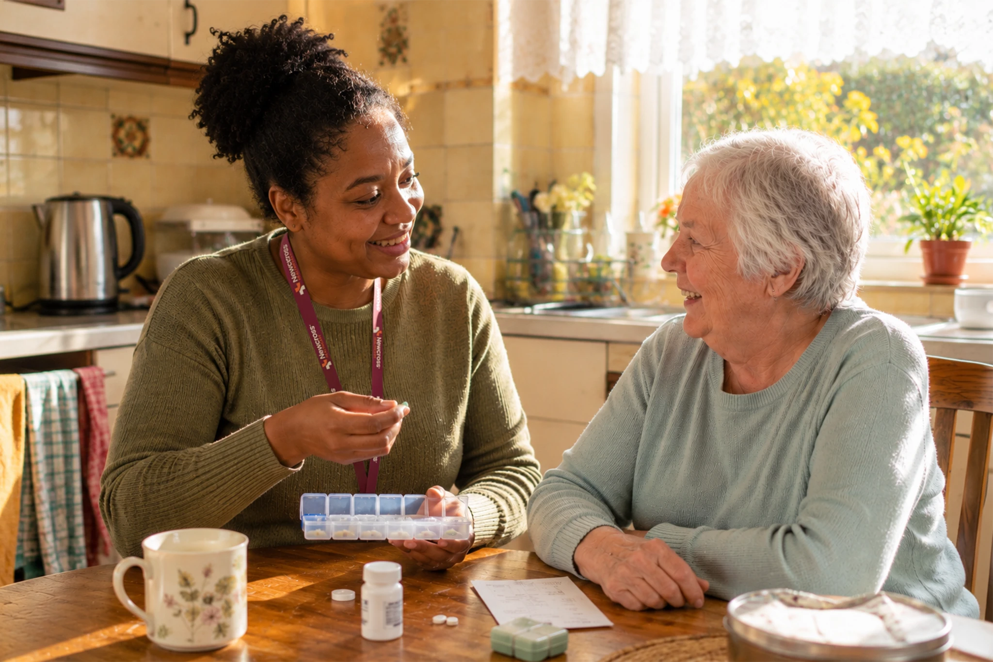 A Newcross caregiver and an elderly woman smile while looking at items on a table together.