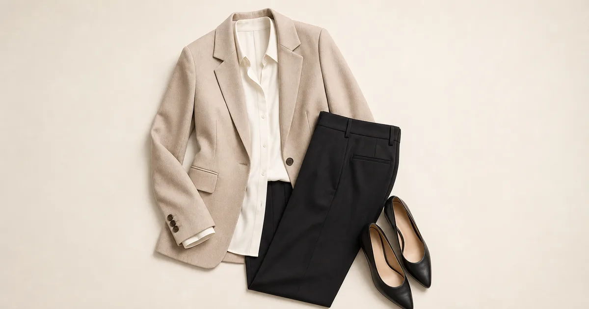 Hero garment beside a phone showing a matching outfit for work capsule wardrobe on a warm ivory background