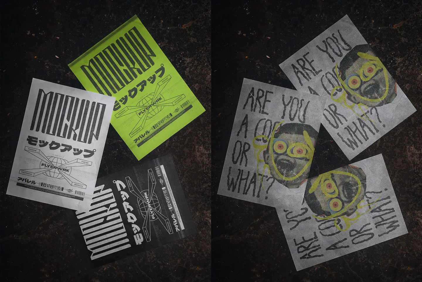 Multiple A4 posters on a basement floor displaying brutalist typography and experimental street art illustrations