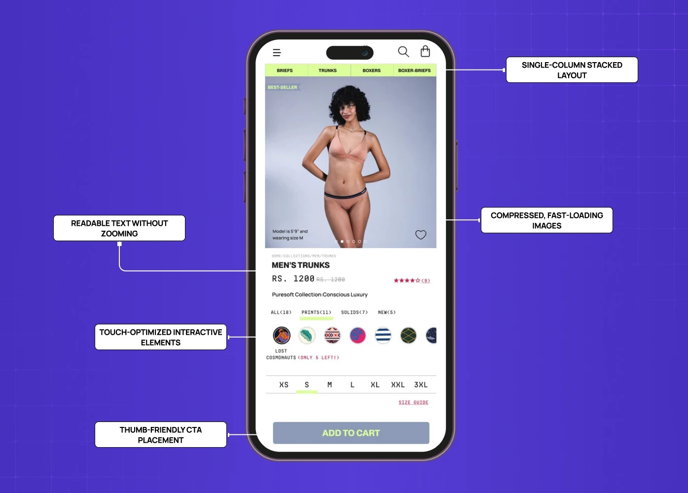 Mobile ecommerce product page showing single-column layout, readable text, touch-friendly interactions, and thumb-accessible add-to-cart button. 