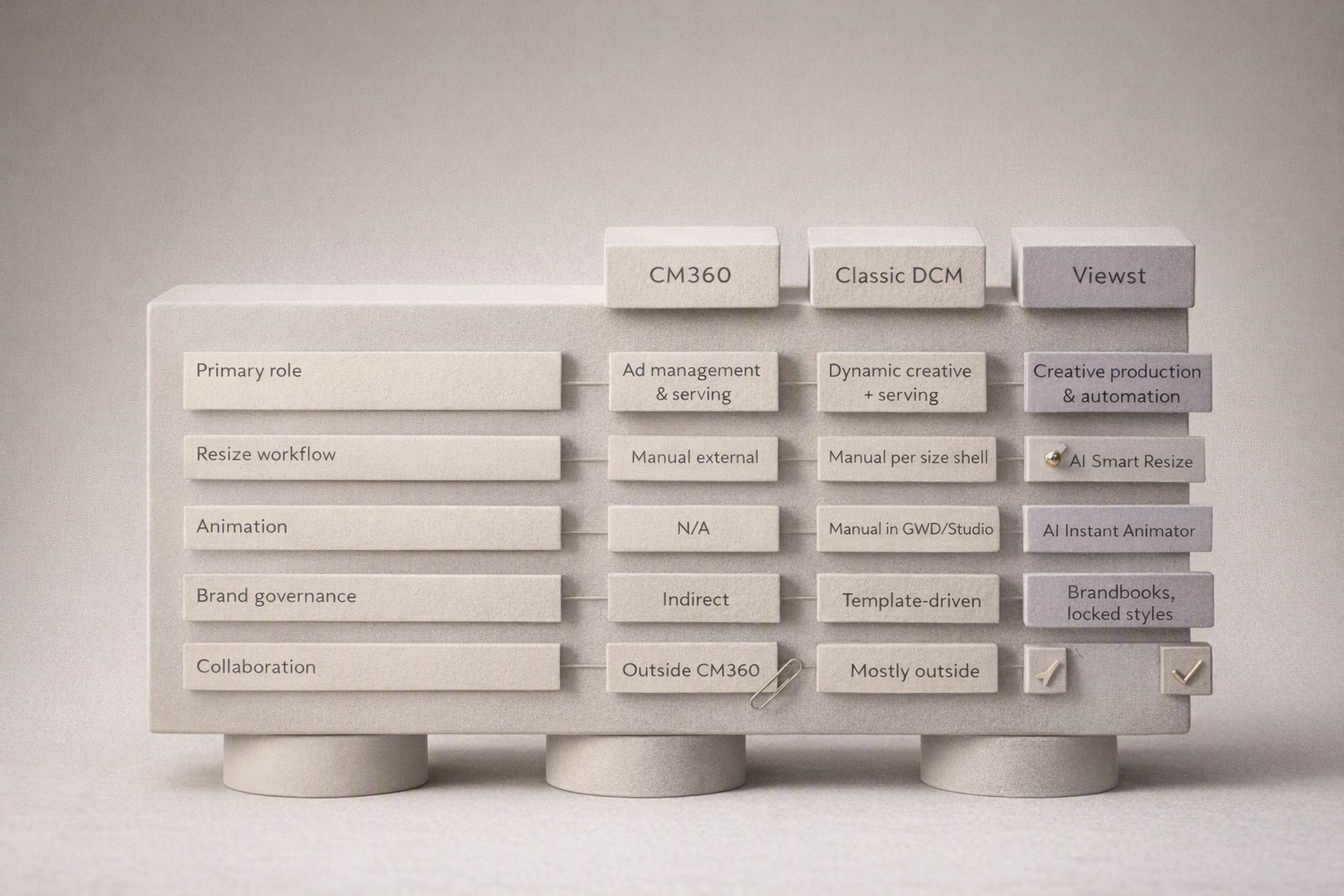 Comparison chart of CM360, classic DCM, and Viewst roles in high-volume banner production