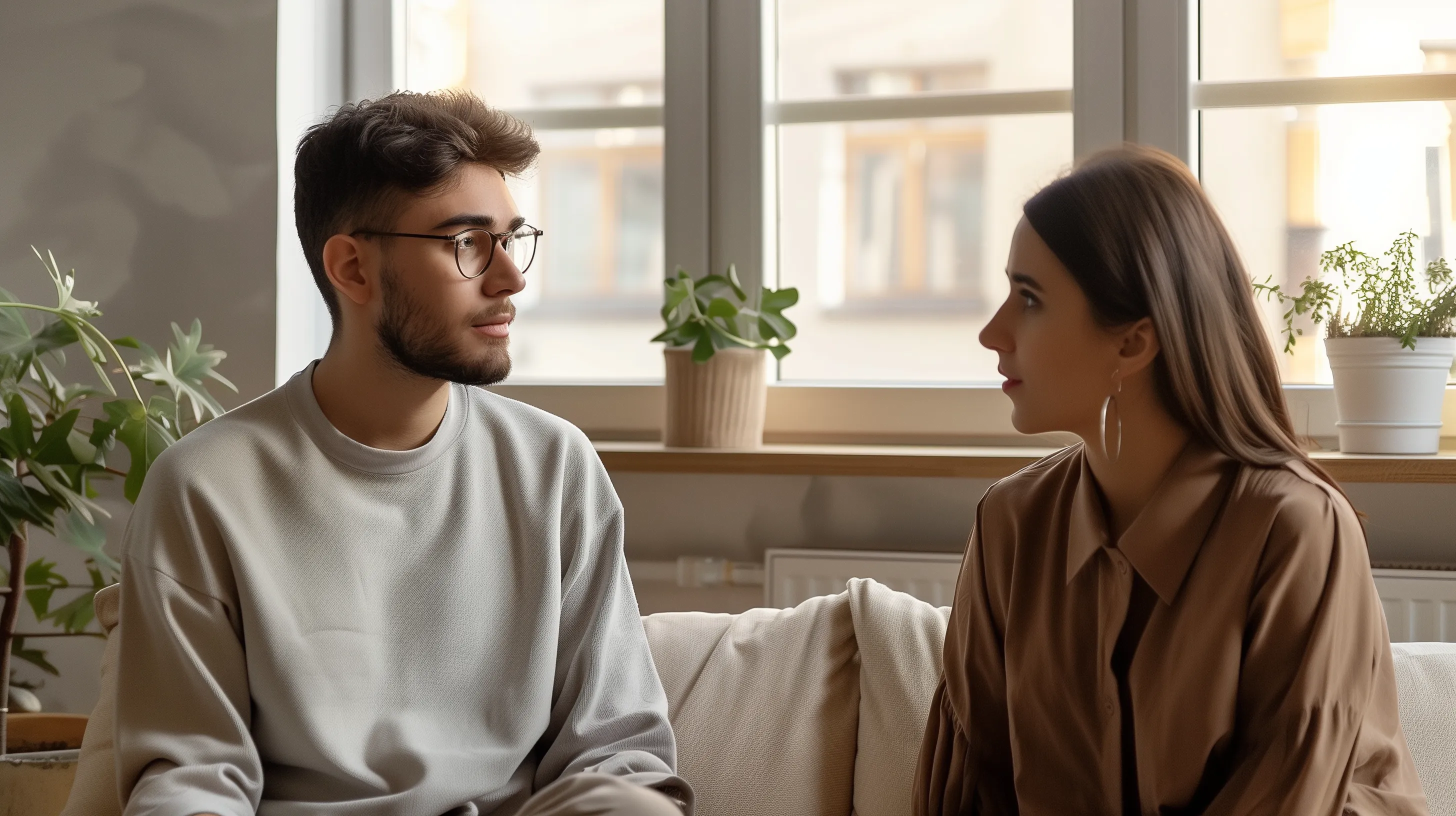 Two people having a conversation on a sofa near a window with plants.