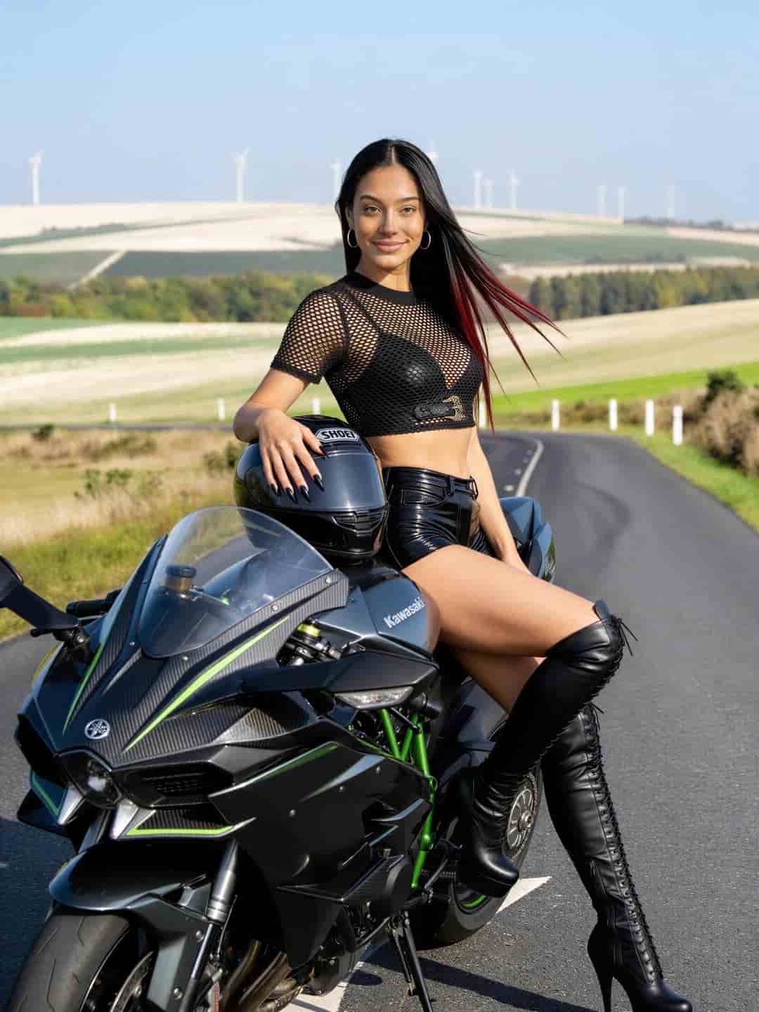 Biker girl in black knee-high boots using best free nsfw ai image generator 2026.