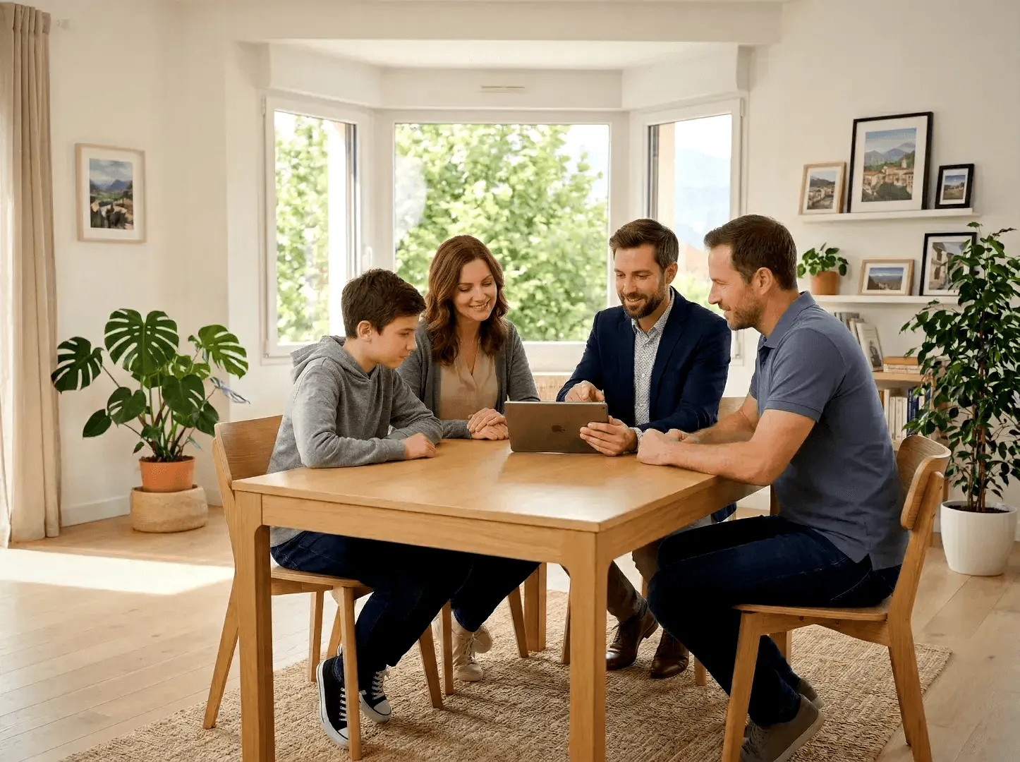 Un conseiller Erds présente sur tablette des solutions de rénovation énergétique à une famille souriante, assise autour.