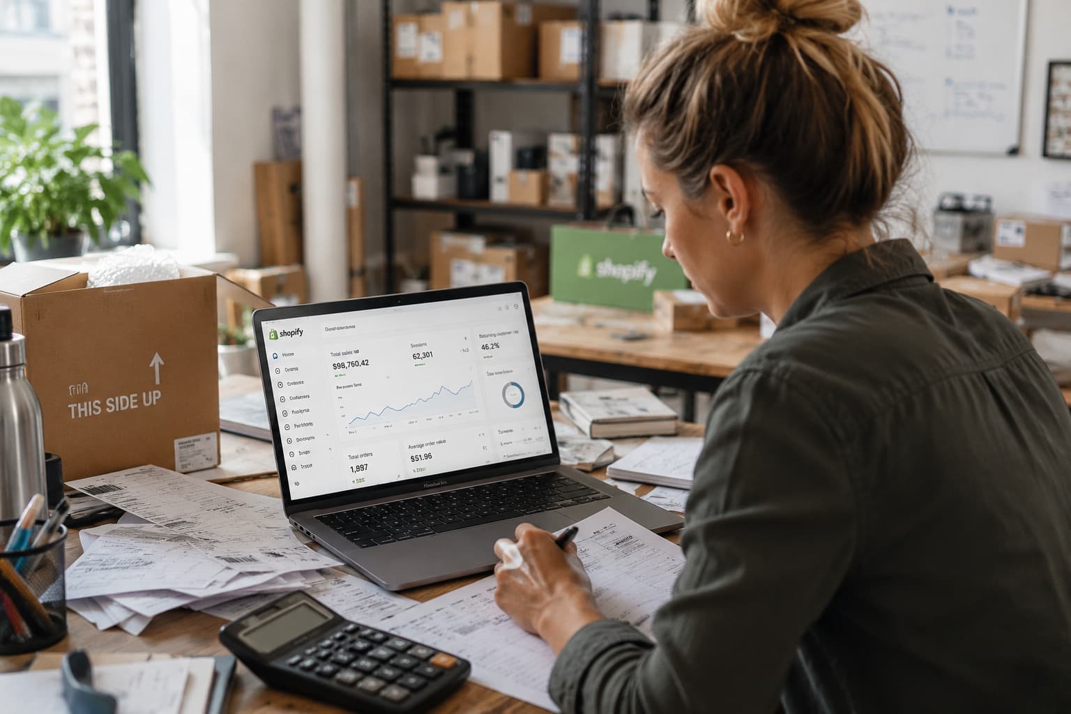 Small business owner analyzing Shopify shipping rates and order performance from a warehouse workspace.