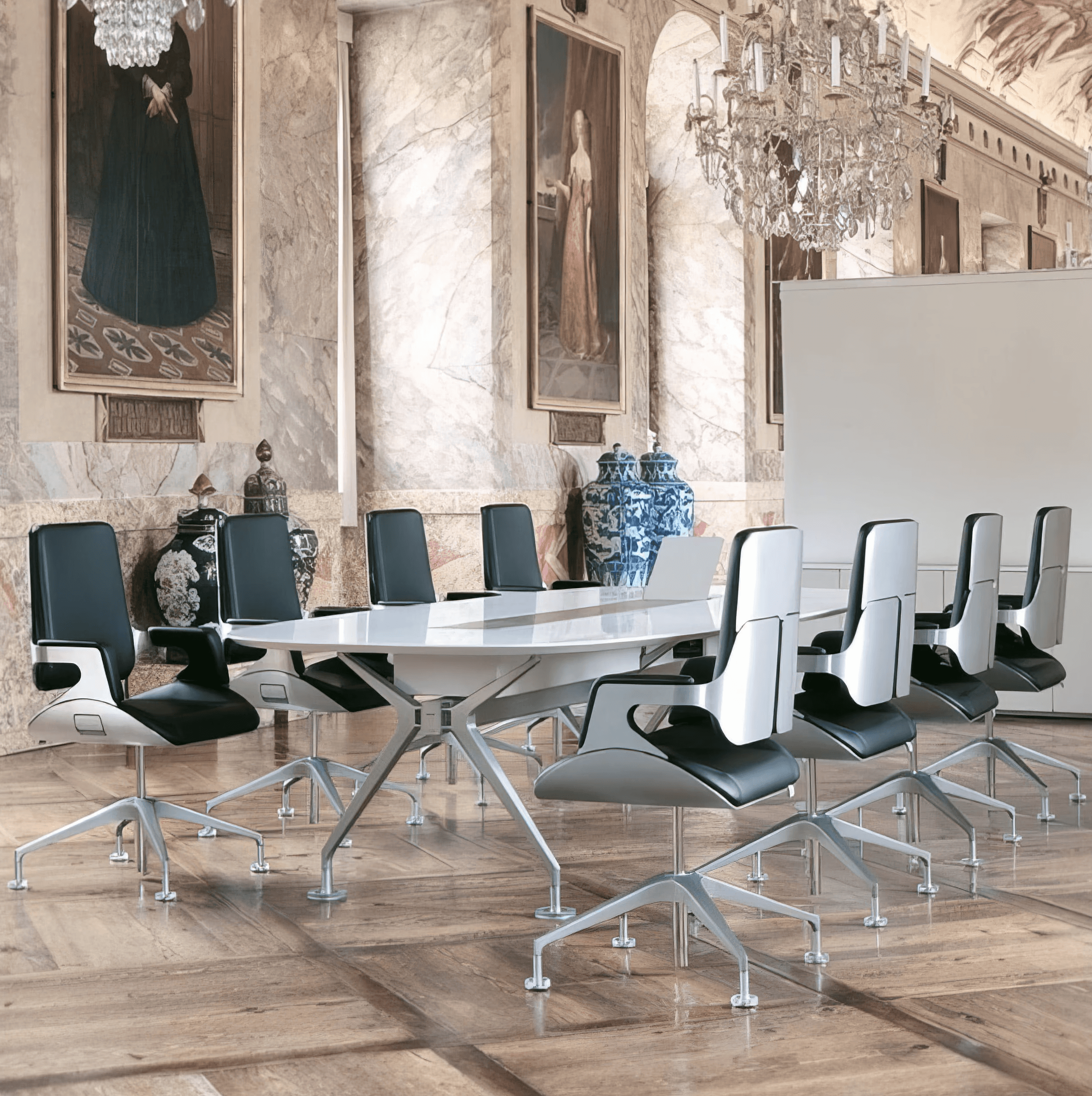 MW Interior - Moderner ovaler weißer Konferenztisch mit schwarzen Hochlehnkonferenzstühlen auf Aluminiumbasis in historischem Barocksaal mit Gemälden und Kristalllüster" Beschreibung: Zeitgenössisches Konferenzmobiliar in einem prunkvollen Barockambiente – ovaler Hochglanztisch und schwarze Leder-Konferenzstühle mit Aluminiumsternfuß treten in einen bewussten und überzeugenden Dialog mit der historischen Kulisse.