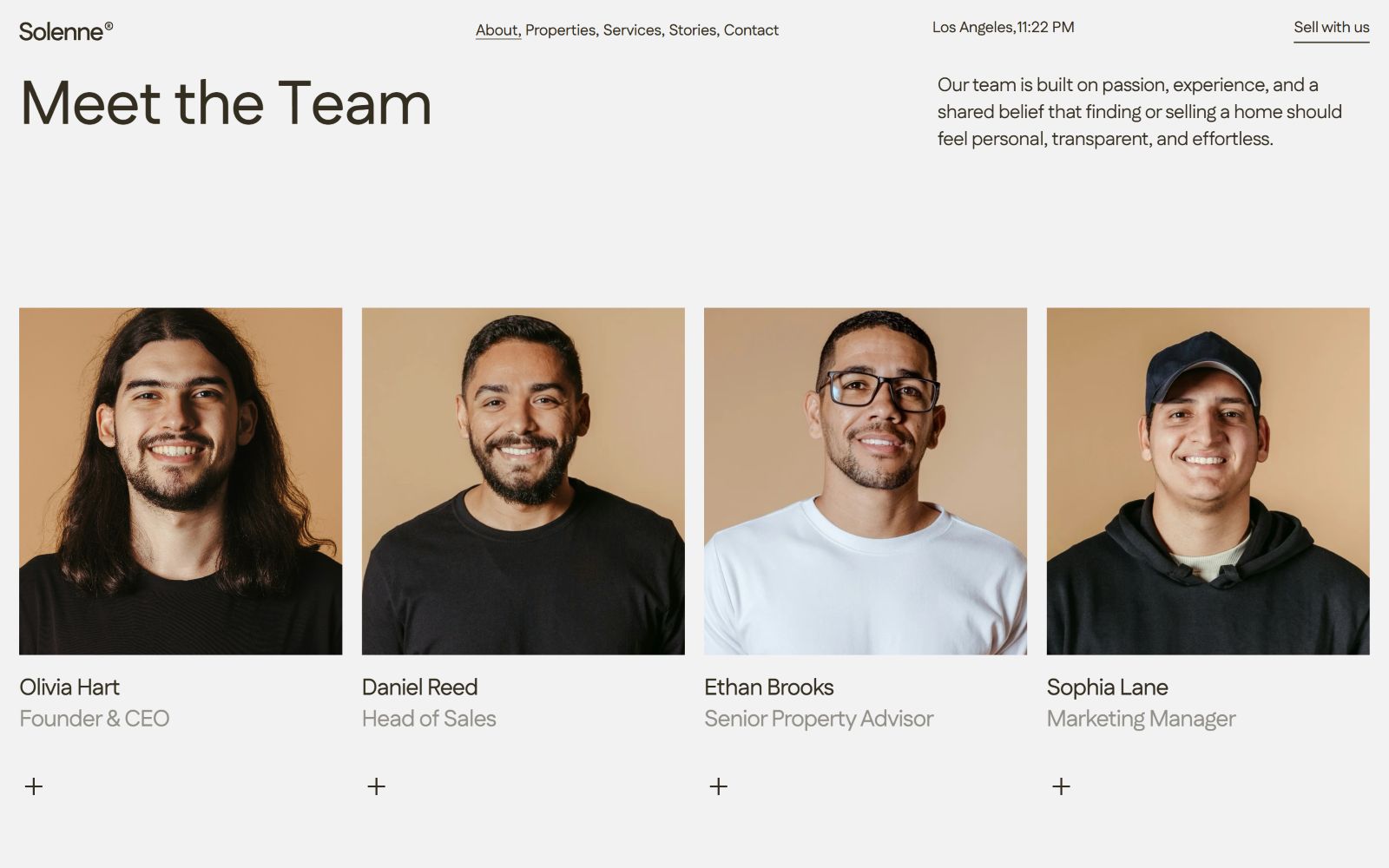 Four smiling individuals with titles: Olivia Hart (Founder & CEO), Daniel Reed (Head of Sales), Ethan Brooks (Senior Property Advisor),...