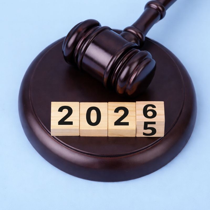 Gavel with calendar blocks turning from 2025 to 2026
