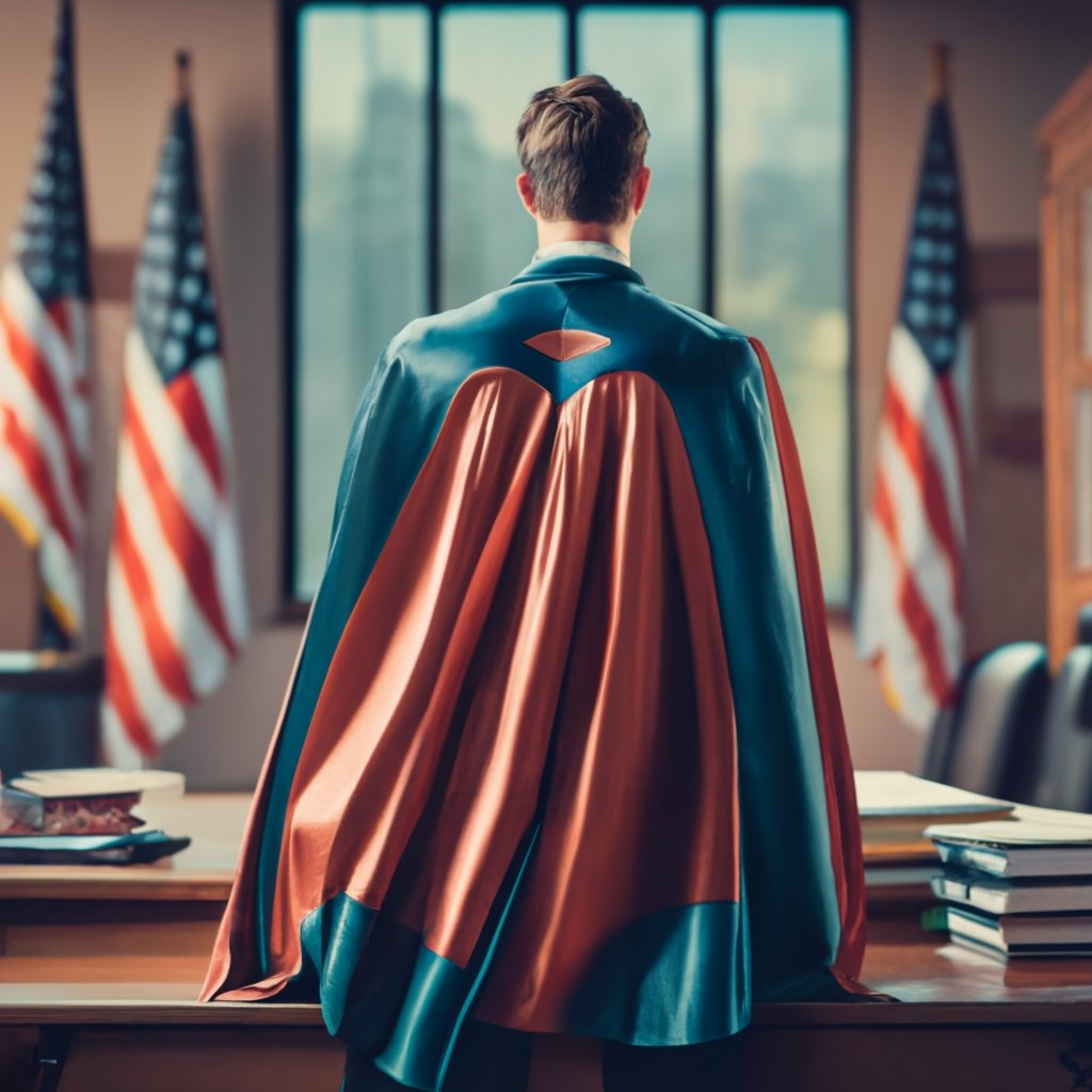 A superhero cape draped over a chair in a lawyer's office.