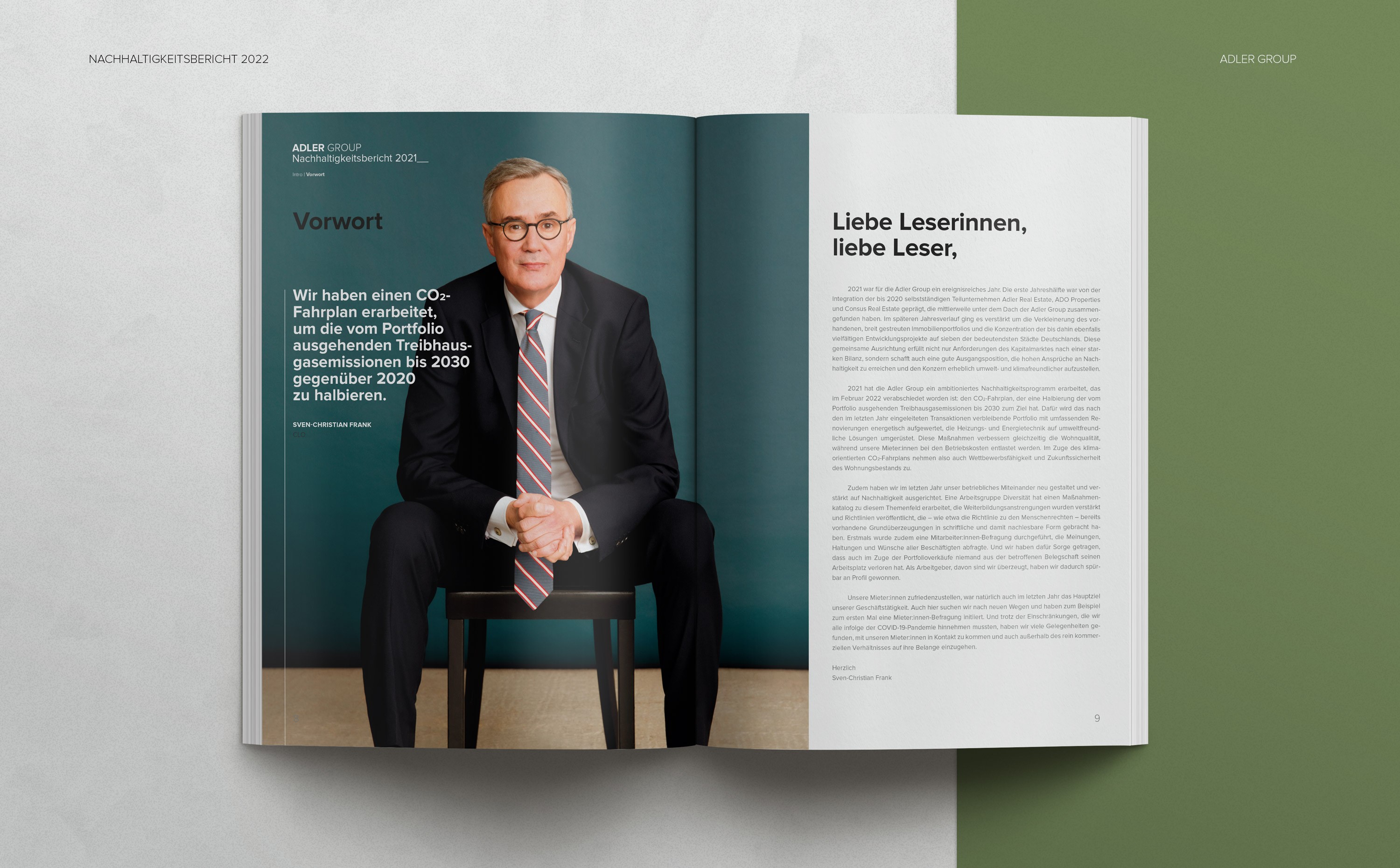 Doppelseite aus dem Nachhaltigkeitsbericht der Adler Group – reduziertes, typografisch fein abgestimmtes Layout