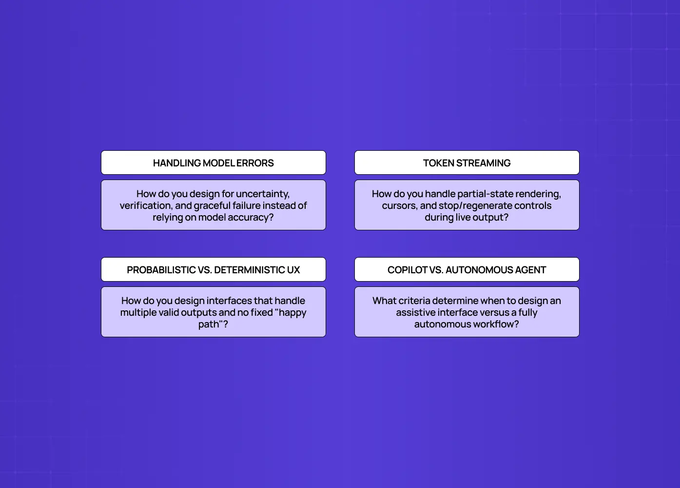 Slide presenting four AI design interview topics: handling model errors, token streaming, probabilistic vs. deterministic UX, and copilot vs. autonomous agents.