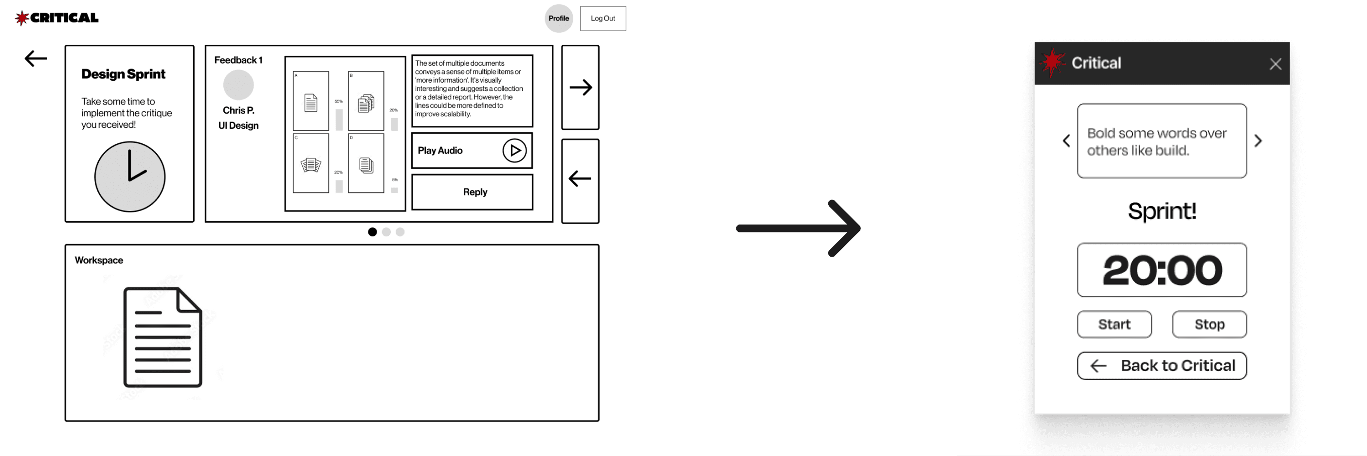 Before and after for the sprint function, the left side is our original idea with a dedicated page, while the right shows our new idea, being a Figma plugin.