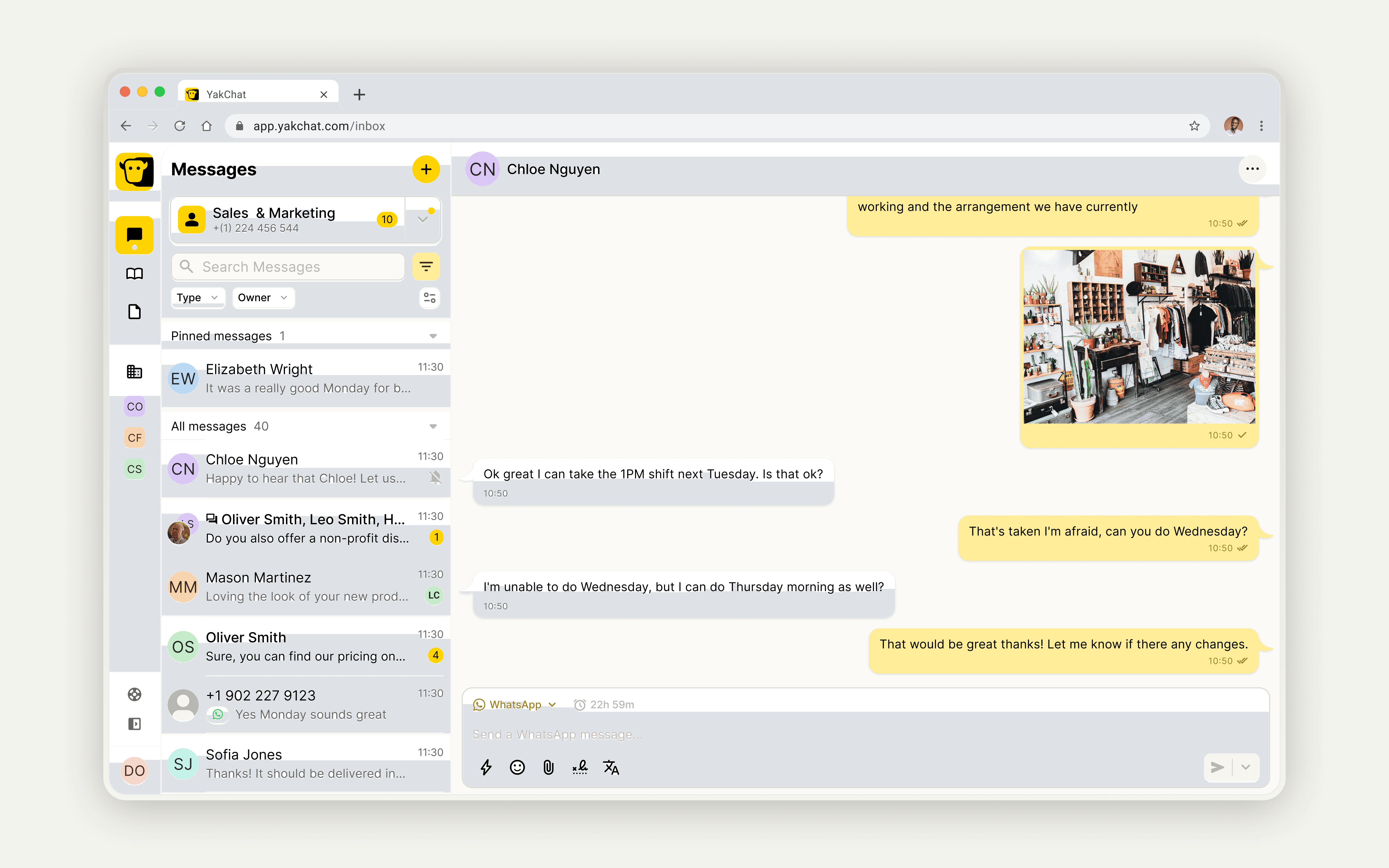 Yakchat inbox with whatsapp integration