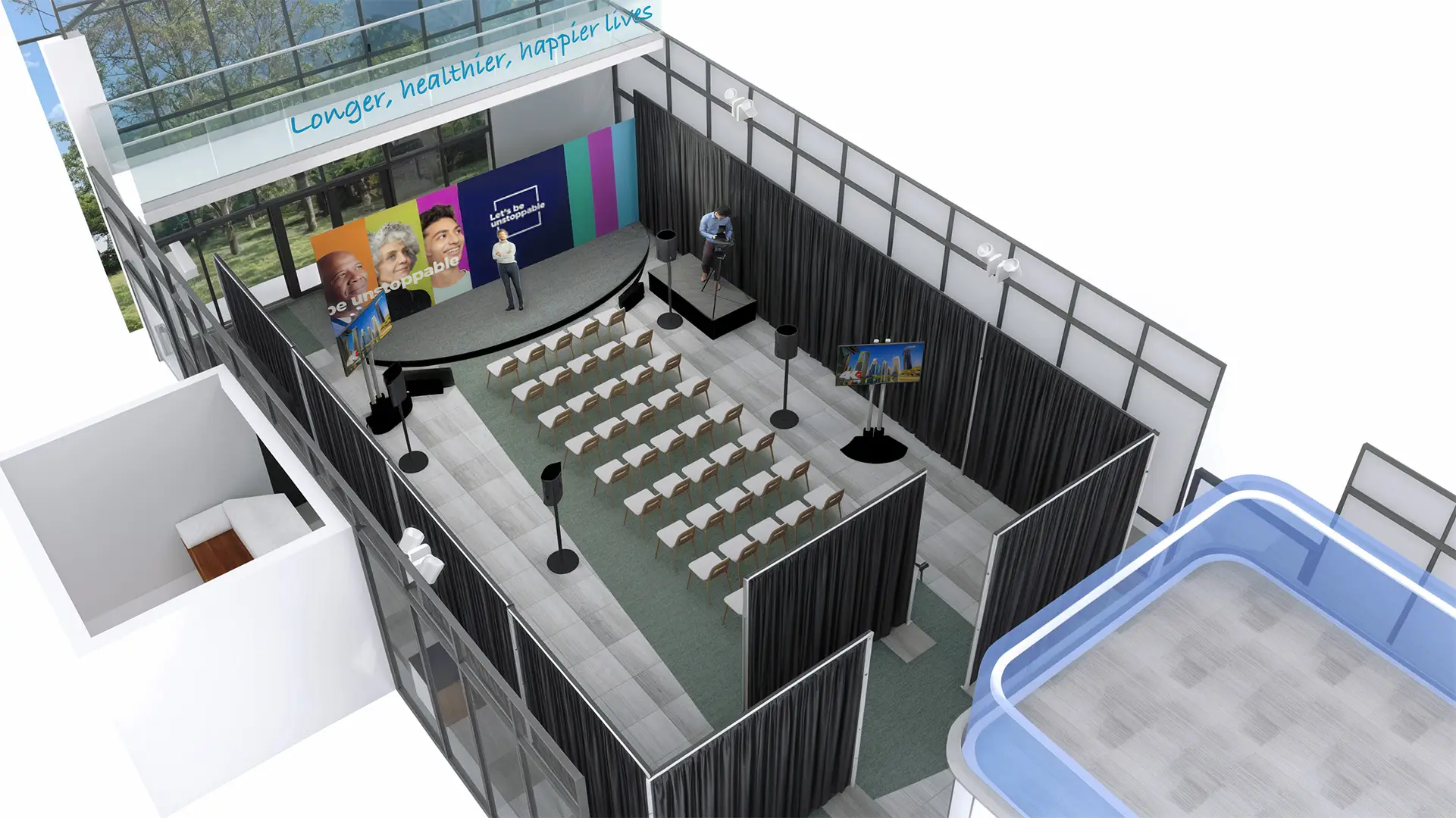 3D SketchUp visualisation of a branded event space, showing stage design, audience seating, presentation screens and production layouts used during pre-production planning and event development.