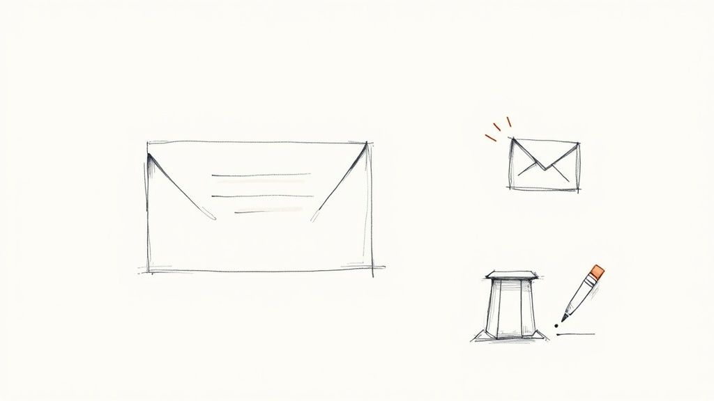 Sketched illustrations of envelopes and a pencil, representing email, writing, and communication concepts.