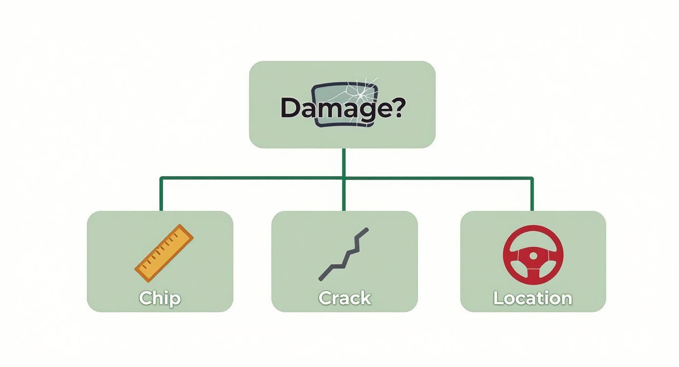 Flowchart showing three types of windshield damage: chip, crack, and location with icons