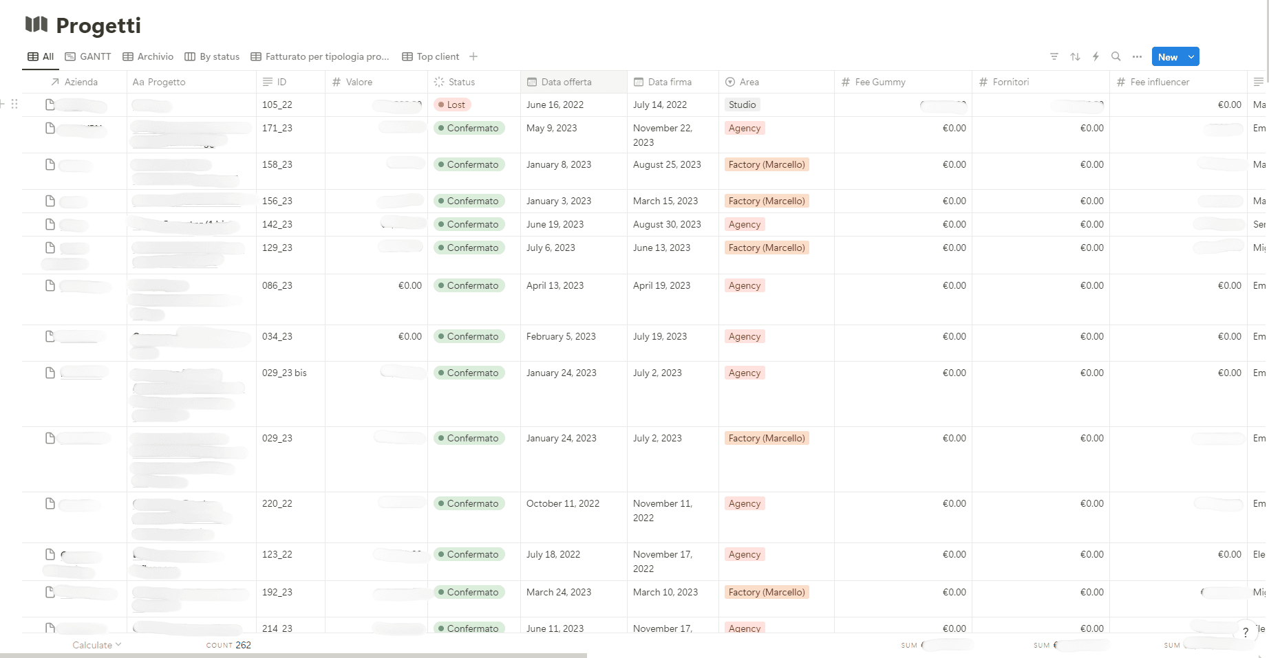 Vista principale del database progetti