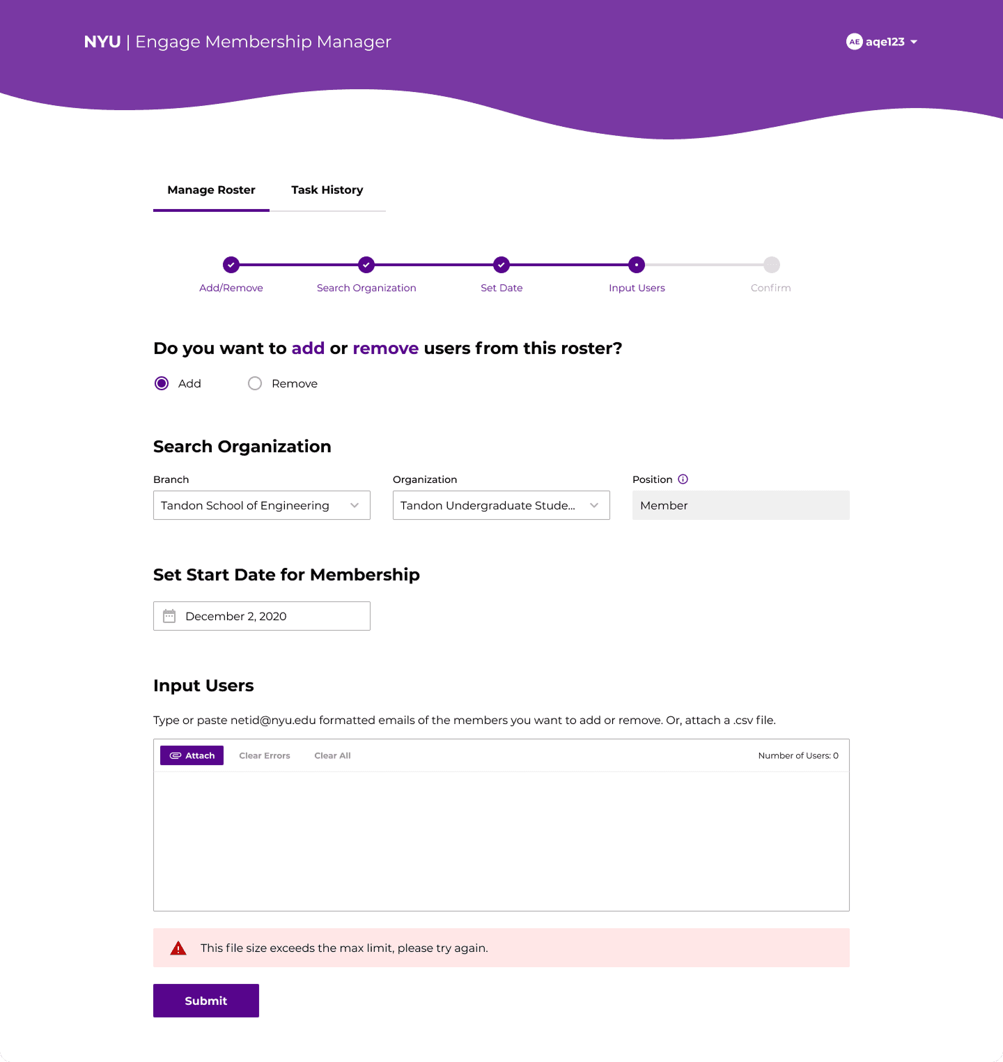 Error message that reads 'This file size exceeds the max limit, please try again'