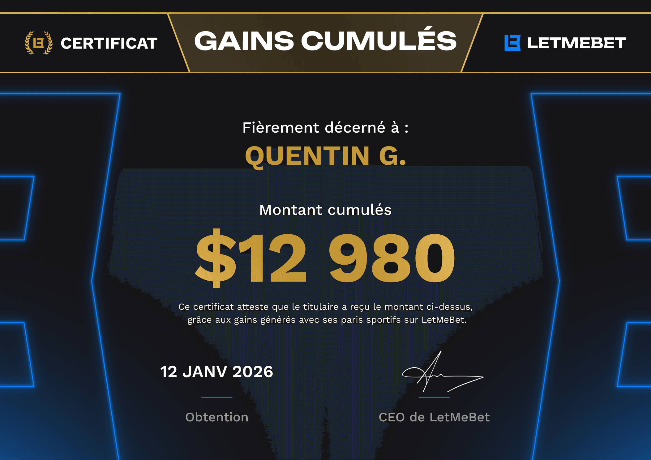 Gain cumulés Quentin sur la plateforme LetMeBet