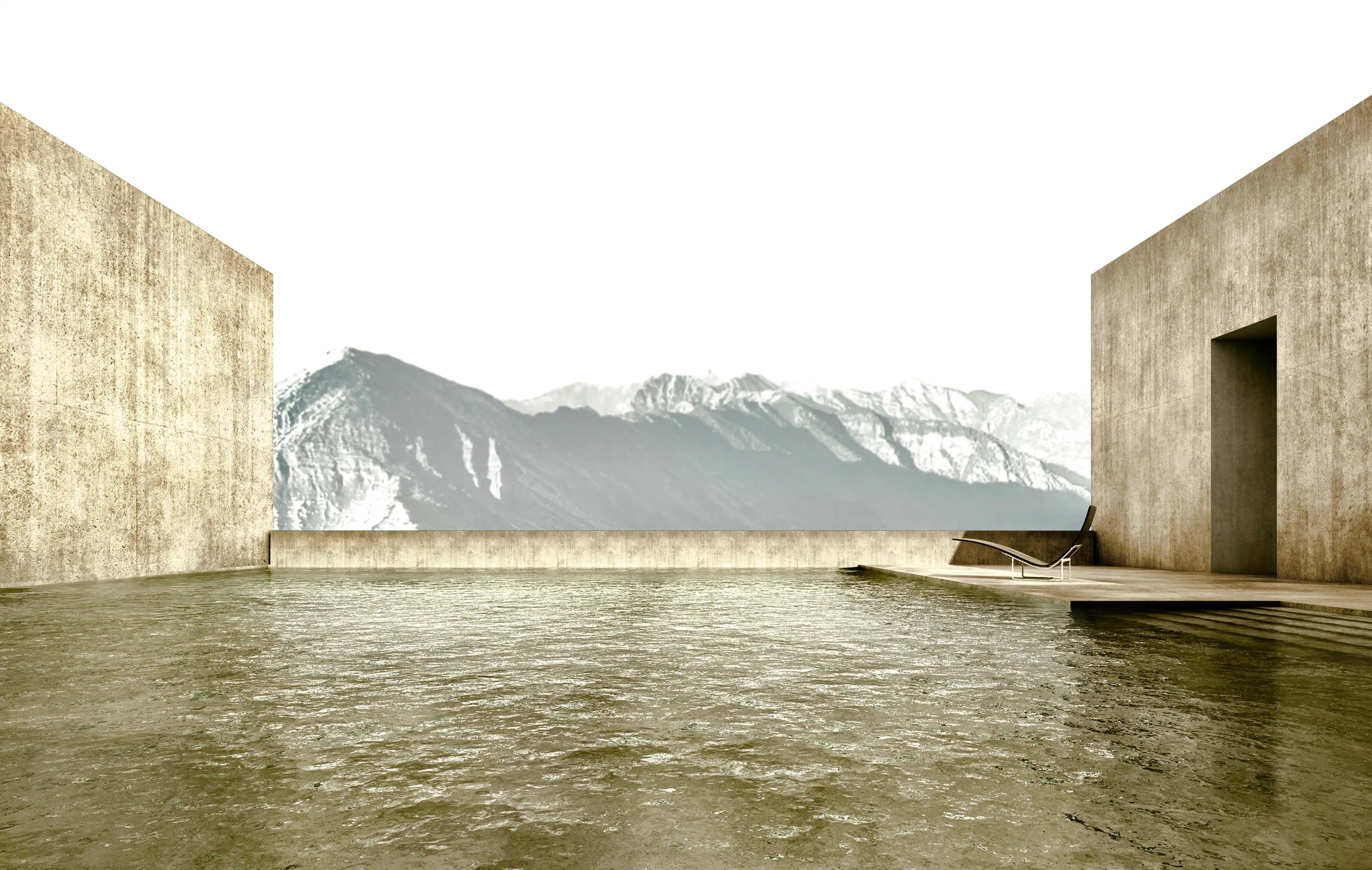 An infinity pool with rippling golden water between two concrete walls, opening to a view of snow-capped mountains beyond