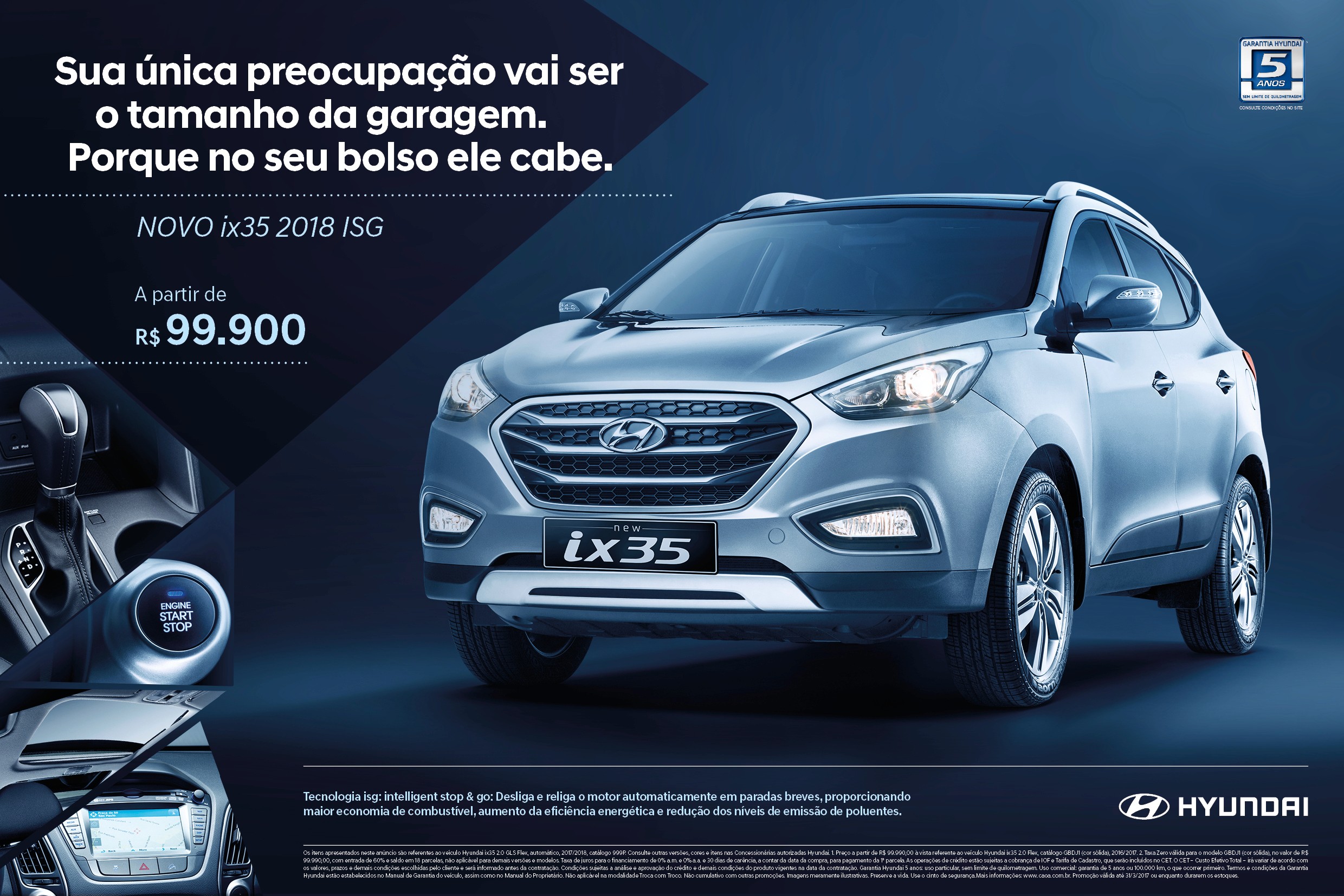 Advertisement of the 2018 Hyundai ix35 SUV showcasing interior technology and exterior design details.