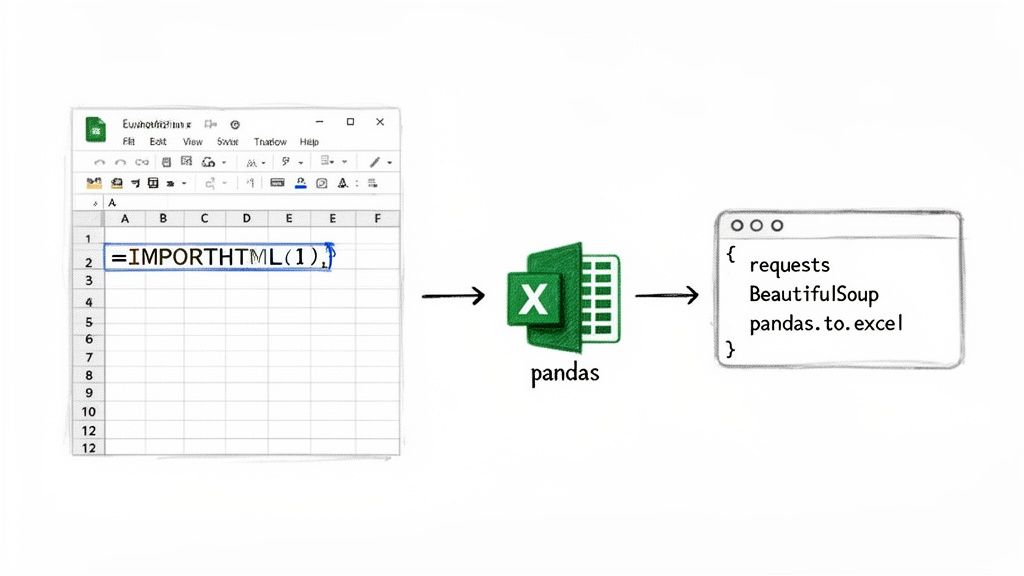 A diagram shows web scraping methods: using spreadsheet IMPORTHTML function or Python libraries to export data to Excel.