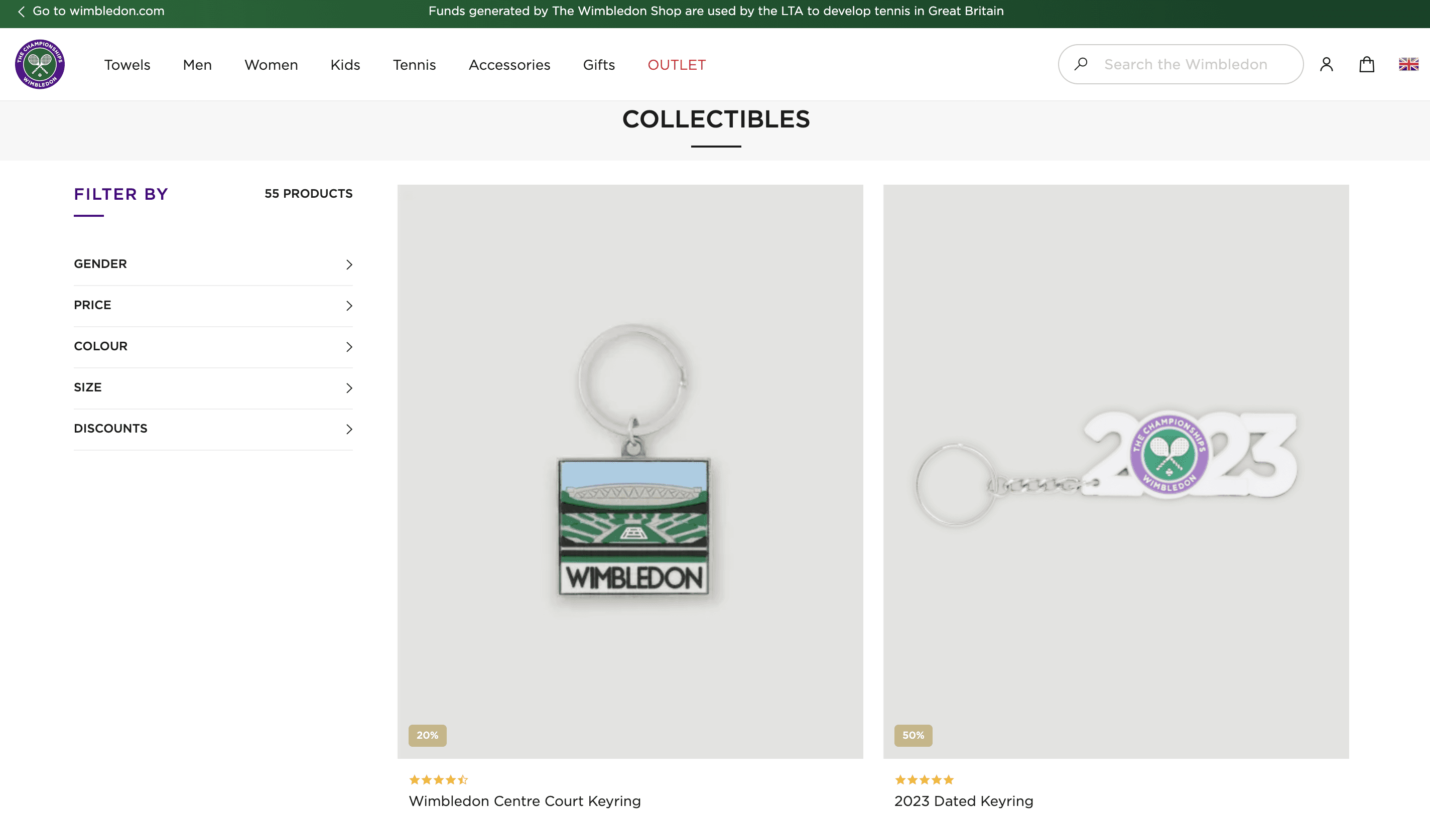 Wimbledon's website showing collectible items