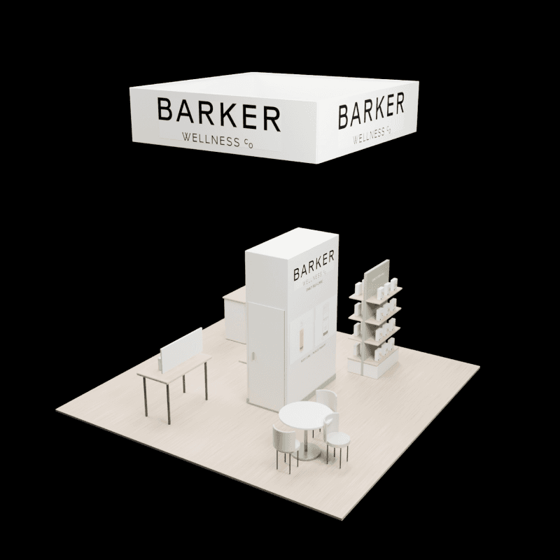 20x20 consumer health exhibit with packaged product showcase and buyer meeting space