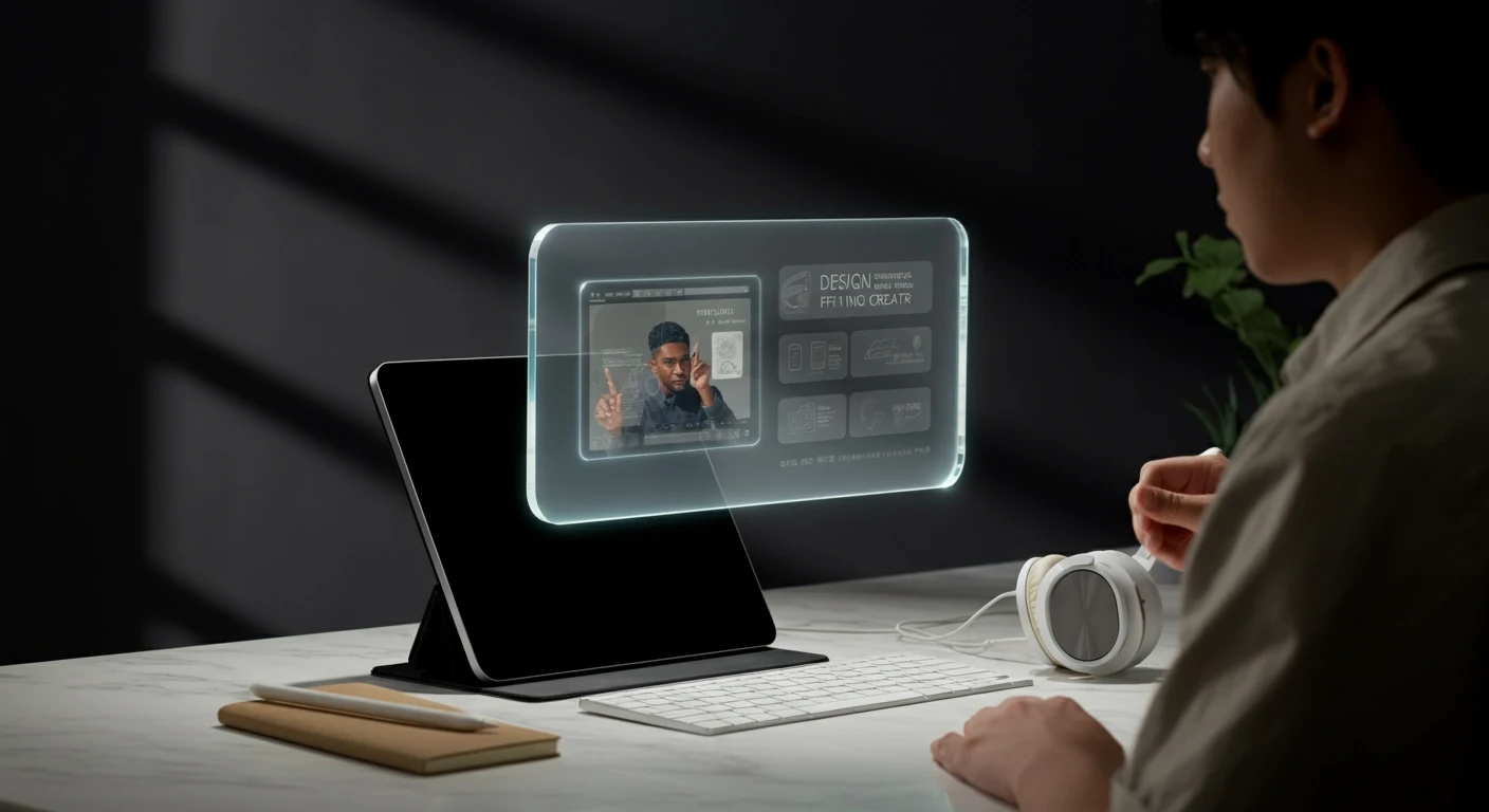 A photorealistic over-shoulder shot of a single creator in a modern design studio, focusing on a large translucent floating interface over a white marble desk. The scene includes minimal tools like a tablet, stylus, notebook, and headphones, set against a backdrop with daylight side shadows. The color palette is neutral warm with a single accent of #FF1F8F in the UI. The style is premium and editorial, avoiding any sci-fi glow or blue neon effects.