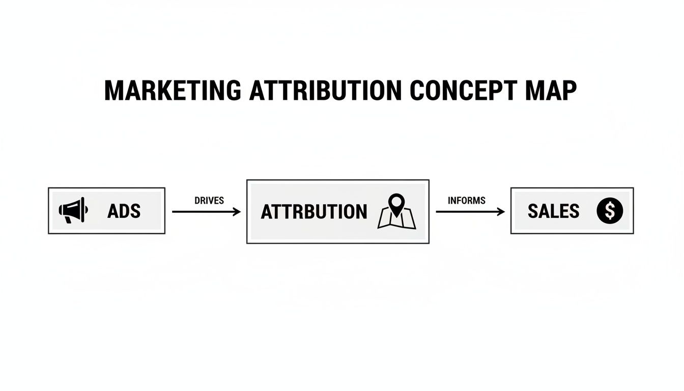A marketing attribution concept map showing how Ads drive Attribution, which in turn informs Sales.