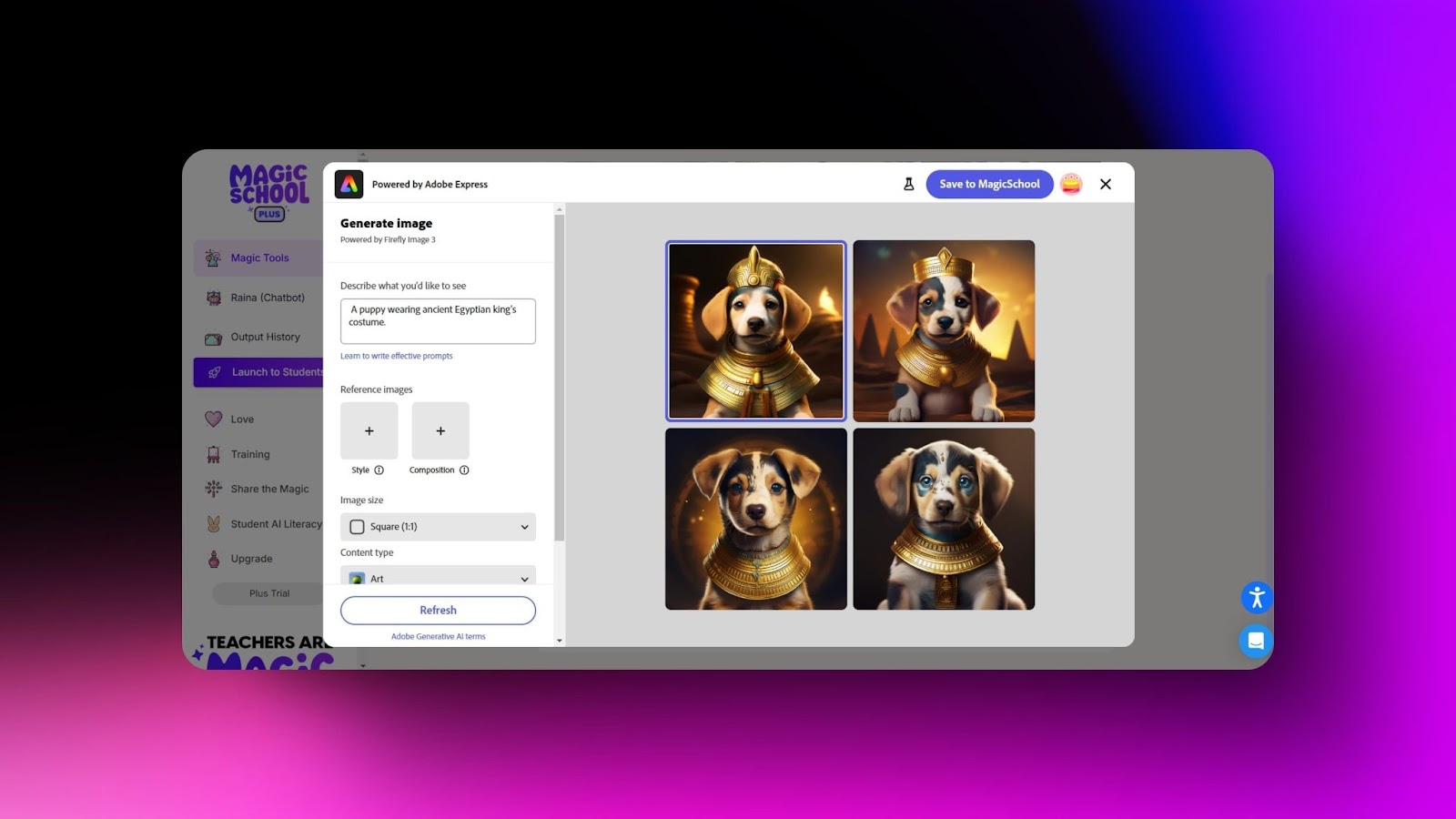 Screenshot of MagicSchool AI generating four images of a puppy in an Egyptian king’s costume using Adobe Firefly Image 3.