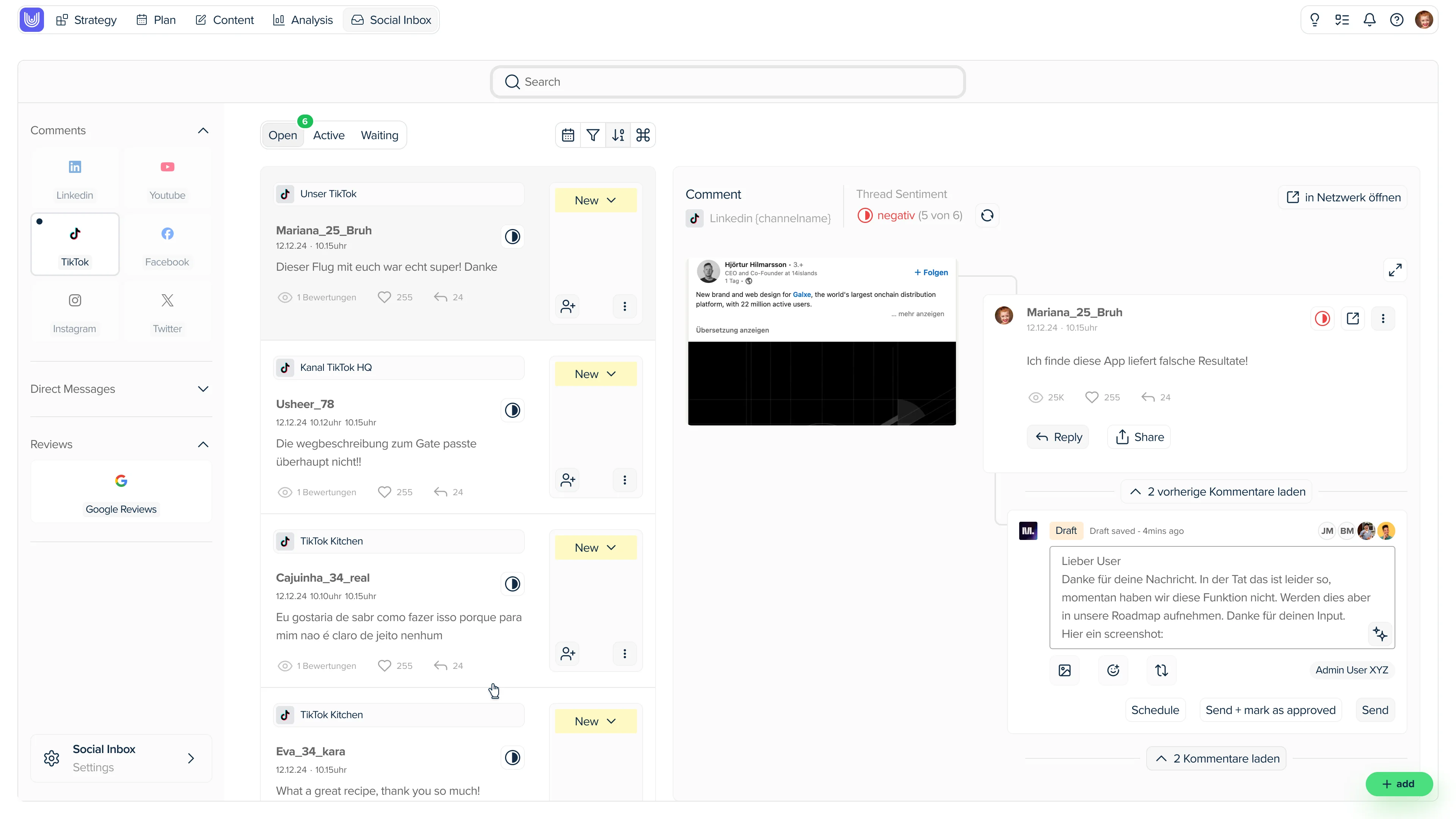 Social Inbox with channel-specific filters in the sidebar: view comments by channel, post or topic