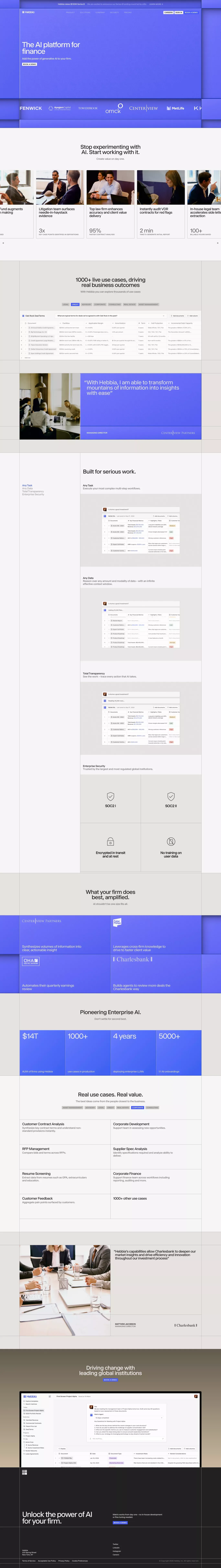 Hebbia landing page screenshot showcasing AI and Finance design