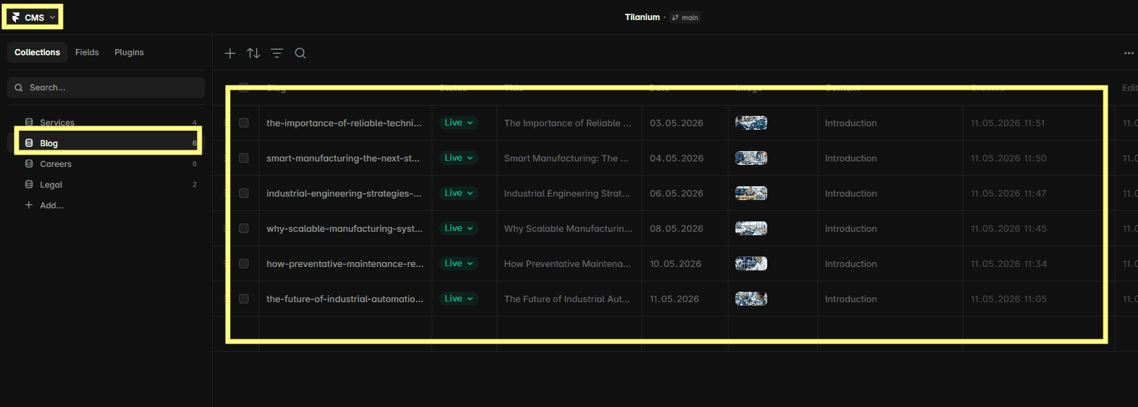 Managing Tilanium blog cards through the Blog CMS collection