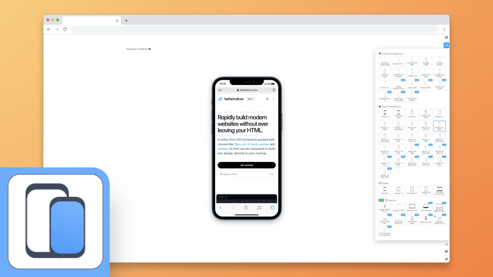 Mobile Simulator browser extension displaying the Tailwind CSS homepage within an iPhone interface centered on the screen. On the right side, a panel shows a comprehensive list of Android and Apple devices available for simulation, including smartphones and tablets. The extension's logo, featuring two overlapping rounded rectangles on a light blue background, appears in the bottom-left corner.